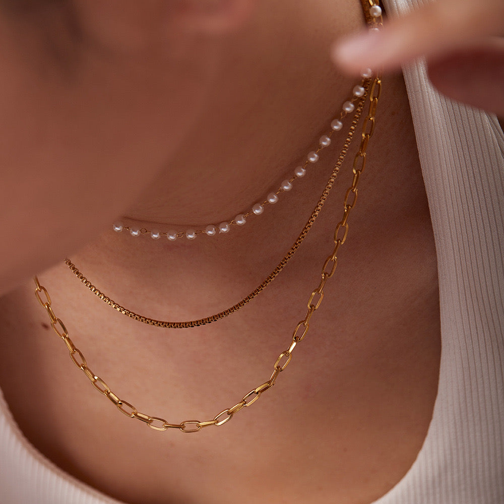 18K Gold Multi Layer Box Chain Necklace with Pearl Beads - Elegant Layered Jewelry for Women | Perfect for Weddings, Parties & Special Occasions | JDN20667