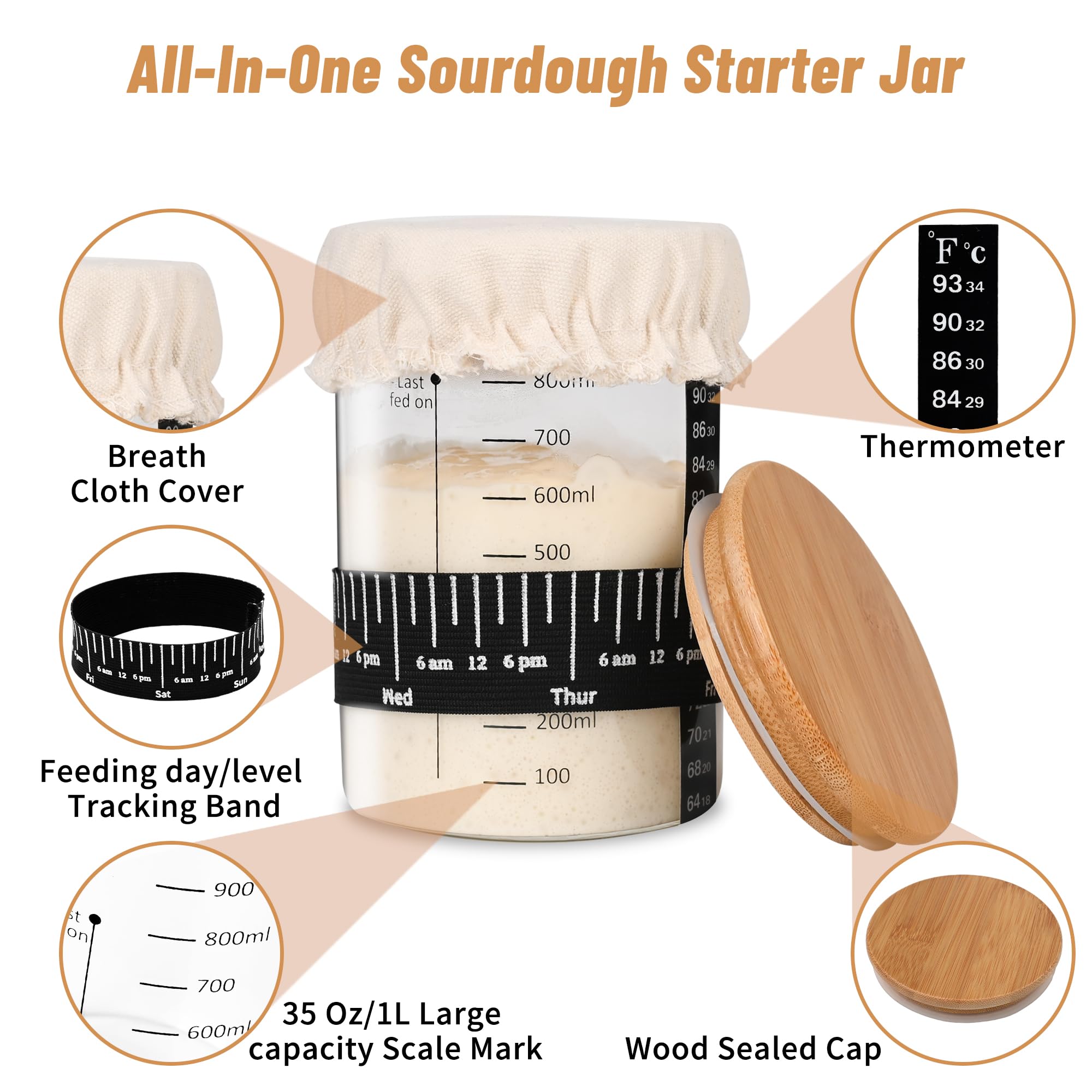 Premium Sourdough Starter Kit - 35oz Glass Jar with Date Marked Feeding Band, Thermometer, Spatula & Cloth Cover - Perfect for Homemade Sourdough Bread Baking - Ideal for Beginners & Bakers - Great Gift for Bread Lovers