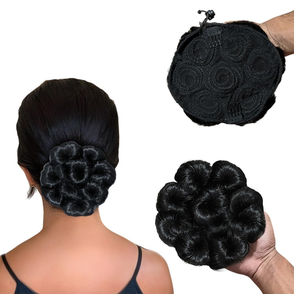 D-DIVINE Women's Hair Bun Clip - Artificial Synthetic Hair Extension for Updos & Ponytails - Natural Black Color - Perfect for Weddings, Parties & Everyday Styling