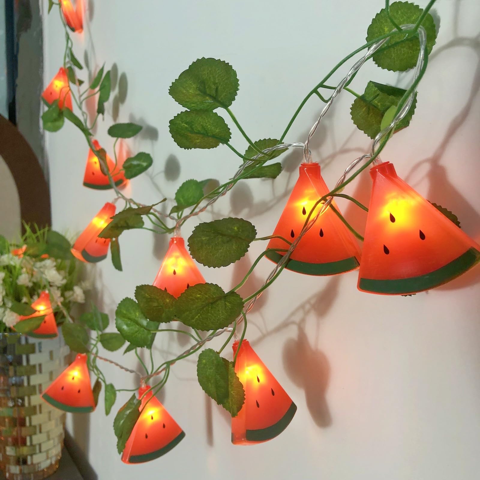 20 LED Watermelon String Lights Battery Powered - 19.7ft Fairy Lights for Wedding, Home, Birthday, Christmas Decorations (40 LED, Watermelon with Leaf) - Perfect for Indoor Outdoor Parties, Garden, Patio & Bedroom Decor