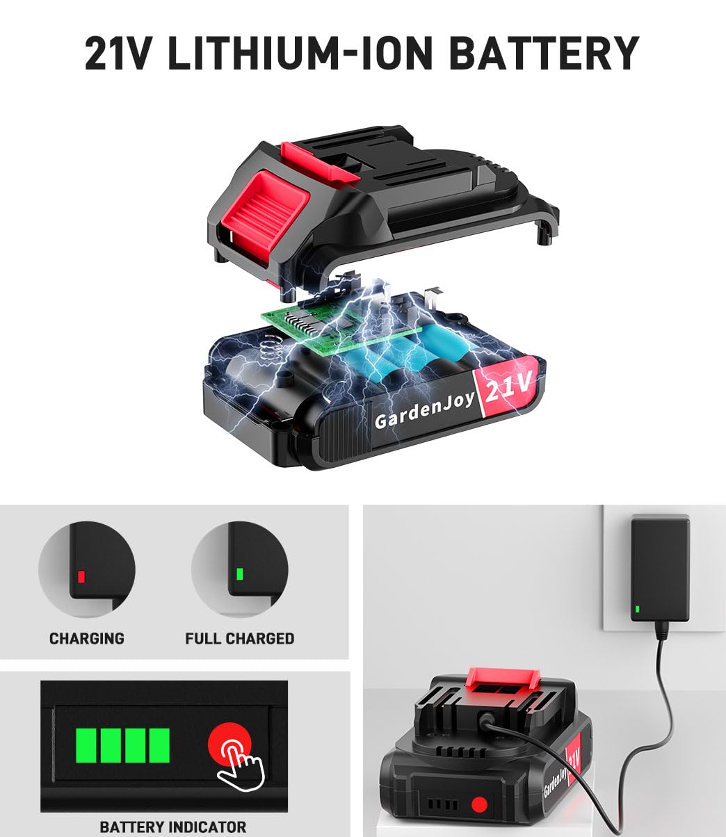 **21V Cordless Power Drill Set - GardenJoy Electric Drill Driver Kit with Battery & Fast Charger, 65pc Accessories, 2-Speed Control, 3/8