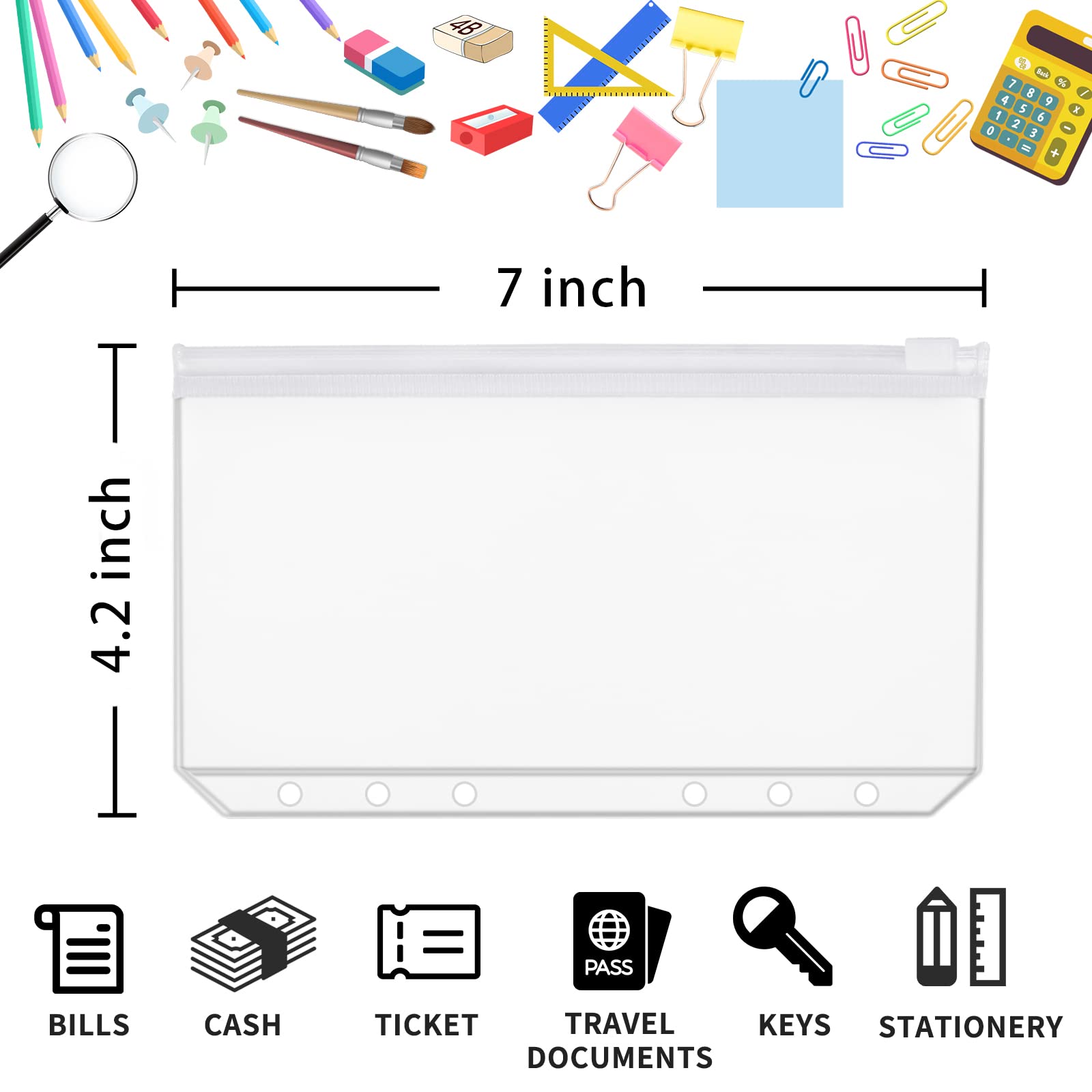 60pcs Transparent A6 Binder Pockets with Zipper - 6 Hole PVC Loose Leaf Folders, Waterproof Cash Envelopes for Budgeting, Organizer & Planner Inserts - Perfect for School, Office & Home Organization