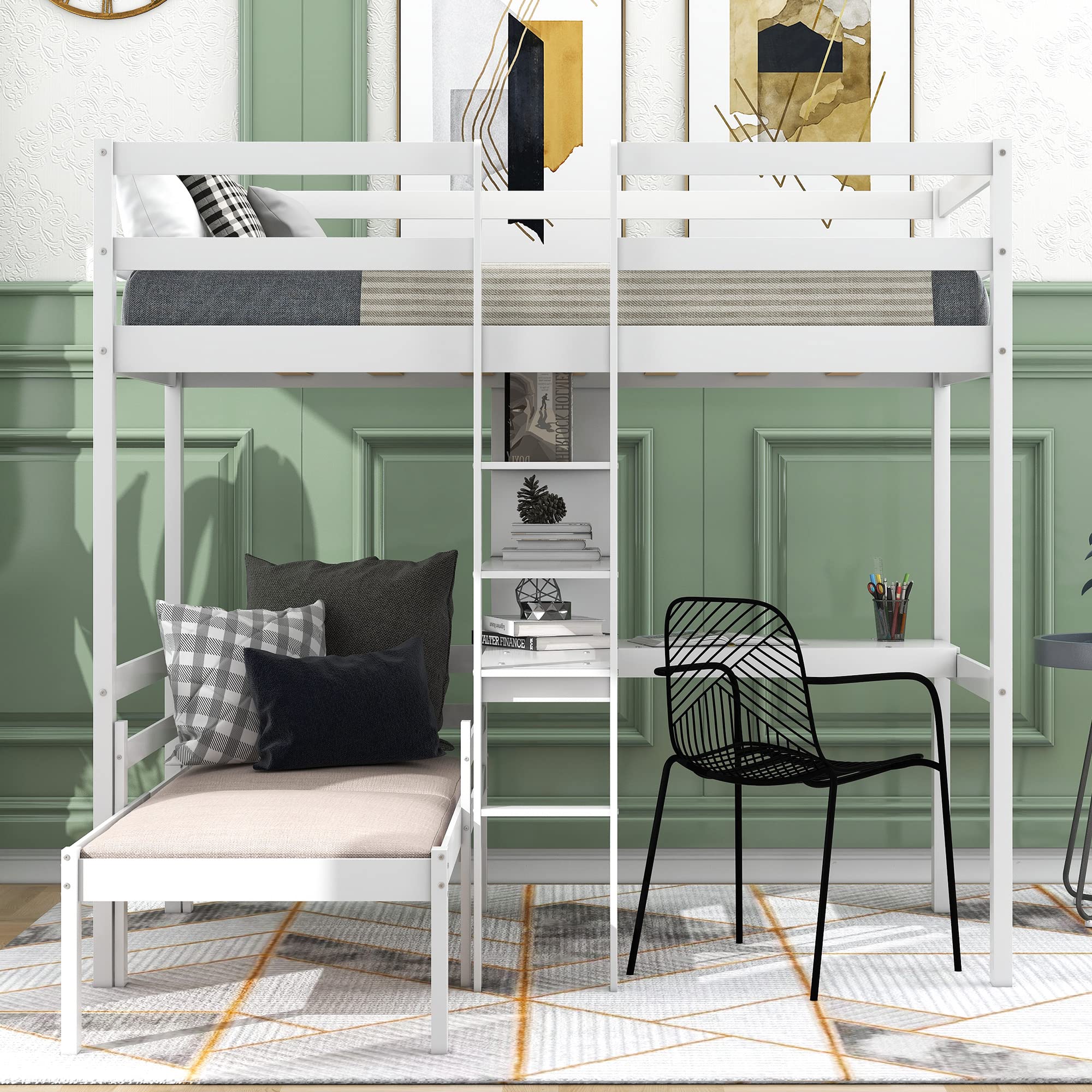 Harper & Bright Designs White Twin Loft Bed with L-Shaped Desk & Shelves - Convertible Bunk Bed Frame with Ladder - Space Saving Kids Bedroom Furniture for Small Rooms & Dorm Rooms