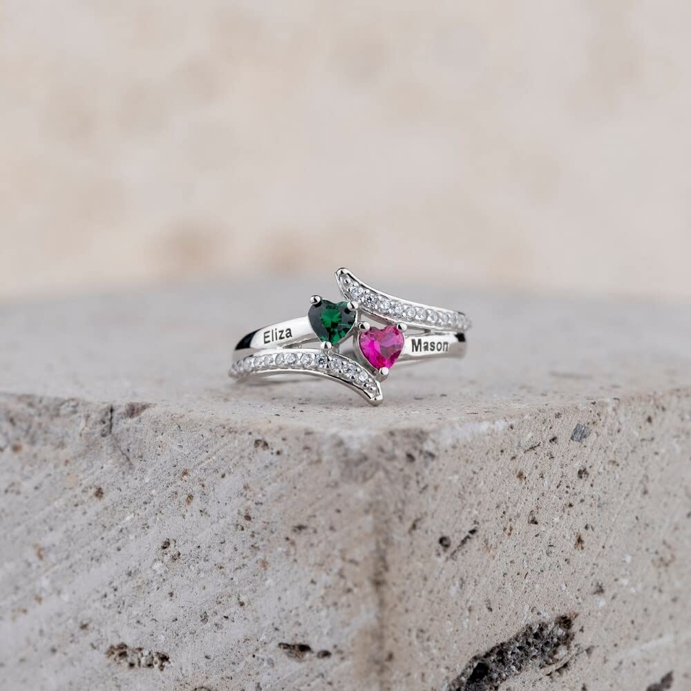 Custom Personalized Promise Rings for Women - 2 Birthstones Engraved Name Rings for Her, Mothers, Engagement & Anniversary Gifts | Perfect for Valentine's Day, Proposals & Special Occasions