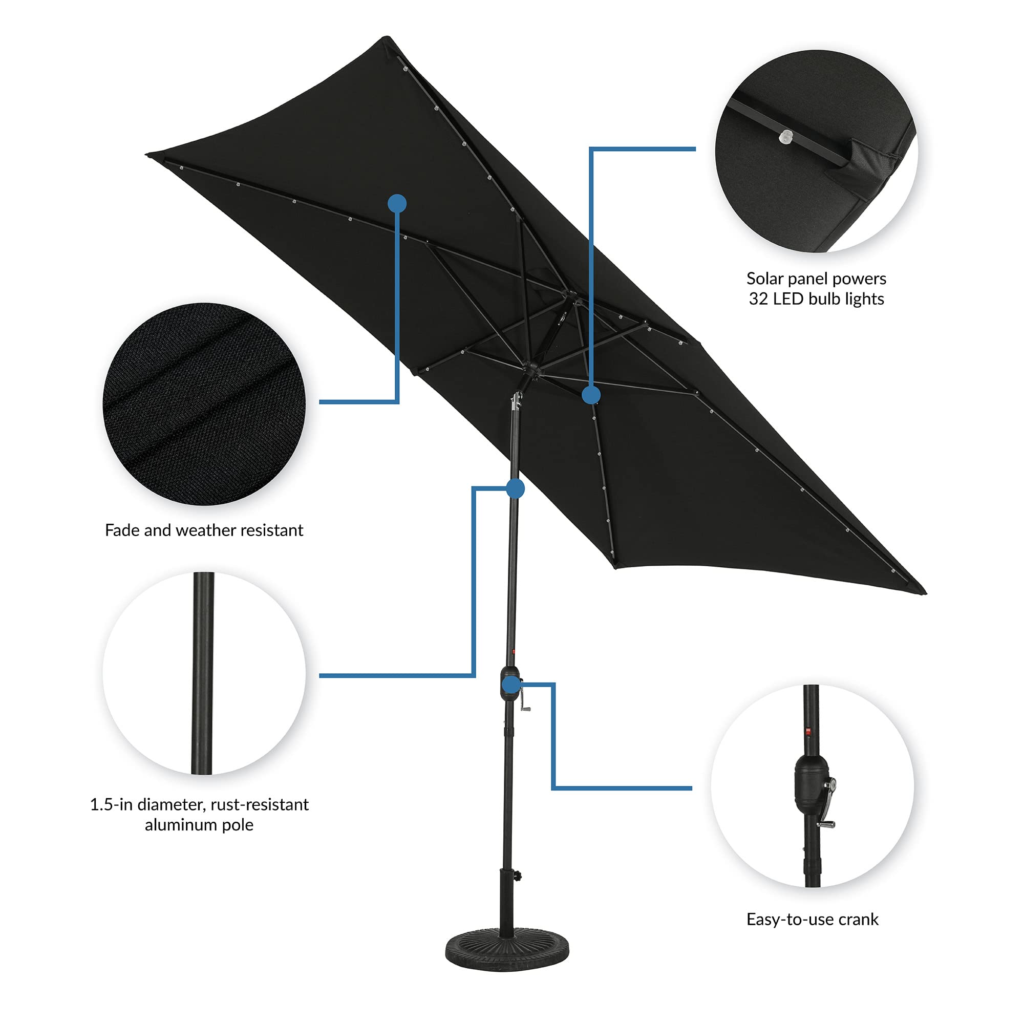 10ft Rectangular LED Market Umbrella with 32 LED Bulbs - Outdoor Patio, Garden, Restaurant, Poolside, and Backyard Use