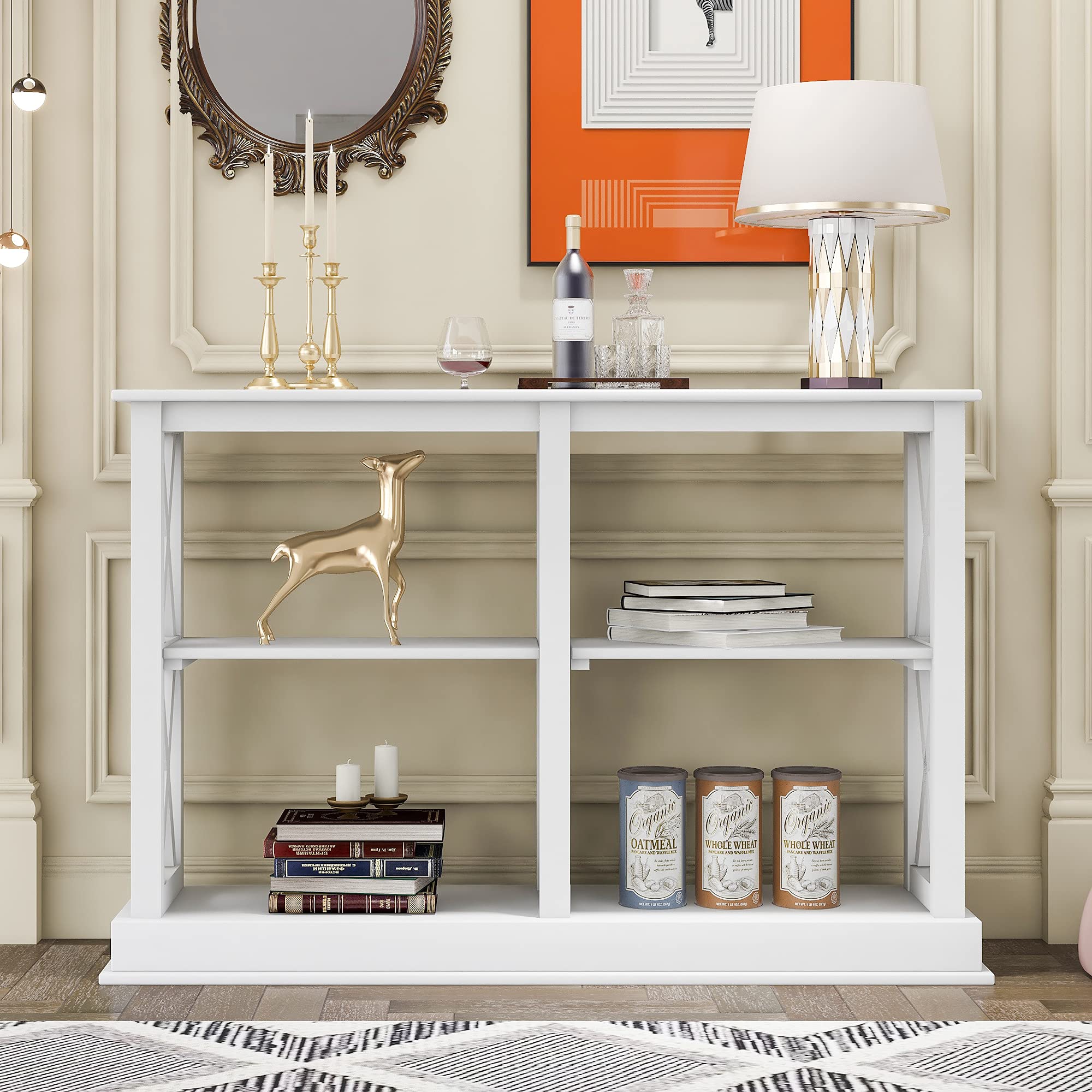 Modern White Console Table with 3-Tier Open Storage & X-Shaped Legs - Narrow Sofa Table, Side Table, Entryway Table for Living Room, Hallway, Bedroom - Perfect for Small Spaces & Home Organization