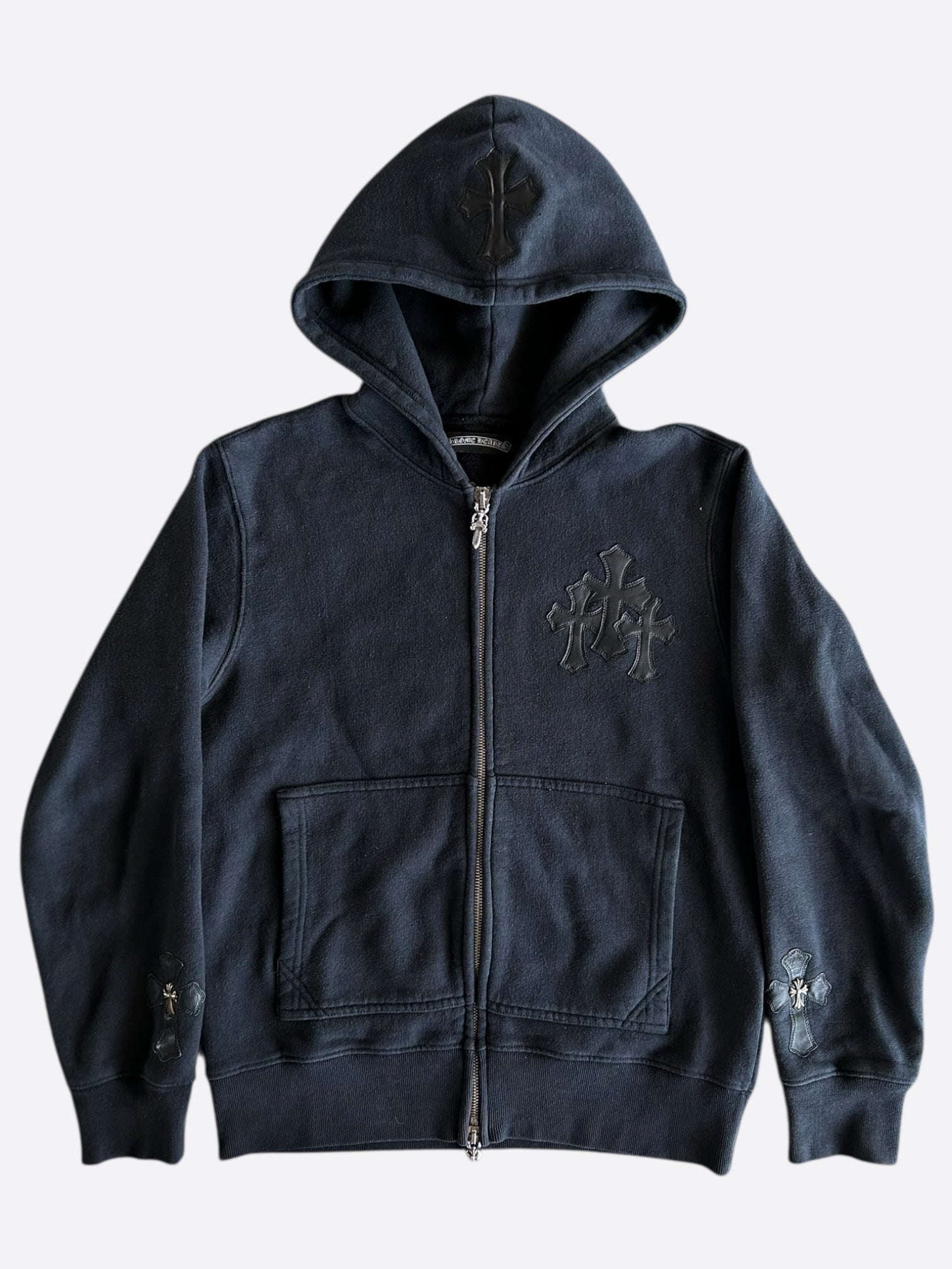 Chrome Hearts Black Leather Triple Cross Patch Zip Up Hoodie for Men - Stylish Streetwear & Luxury Fashion - Perfect for Casual Outfits, Parties, and Urban Style