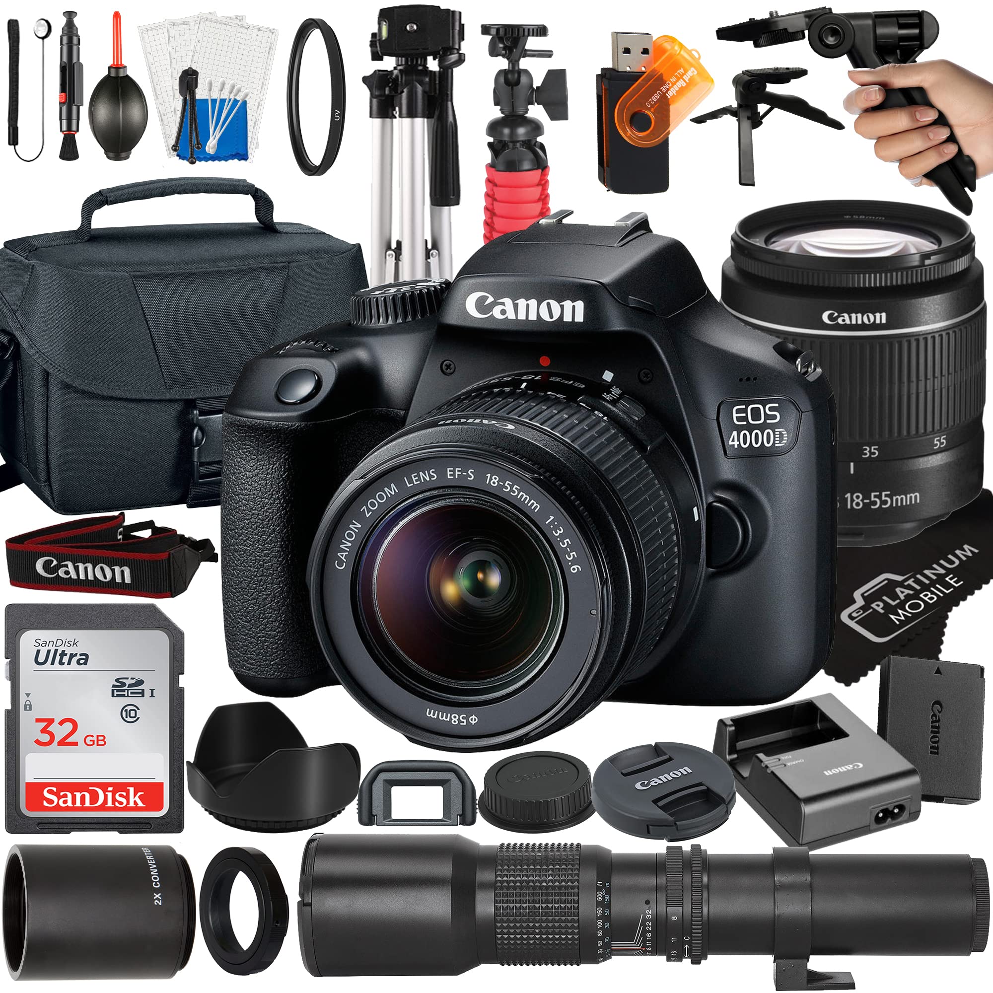 Canon EOS 4000D Rebel T100 DSLR Camera Bundle with EF-S 18-55mm Lens, 500mm/1000mm Manual Focus Lens, 2X Teleconverter, 32GB SD Card, Tripod & Case - 24pc Accessory Kit (Renewed) - Perfect for Photography, Travel & Wildlife Shooting