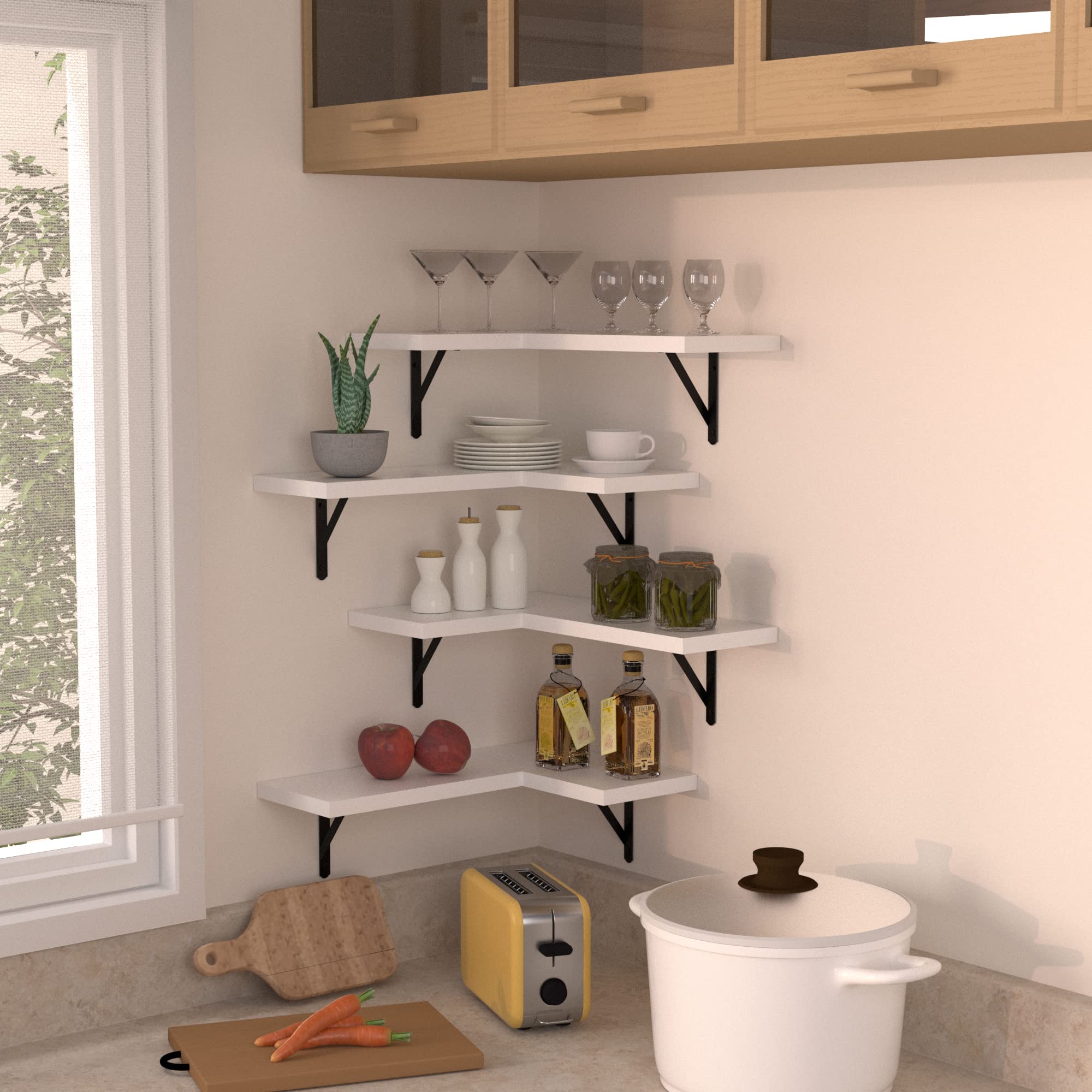 NATURE'S SOURCE Floating Corner Shelves Set of 4 - Wall Mounted Modern White Shelves for Bedroom, Kitchen, Bathroom & Office - Space Saving Storage Solution for Home Decor & Organization