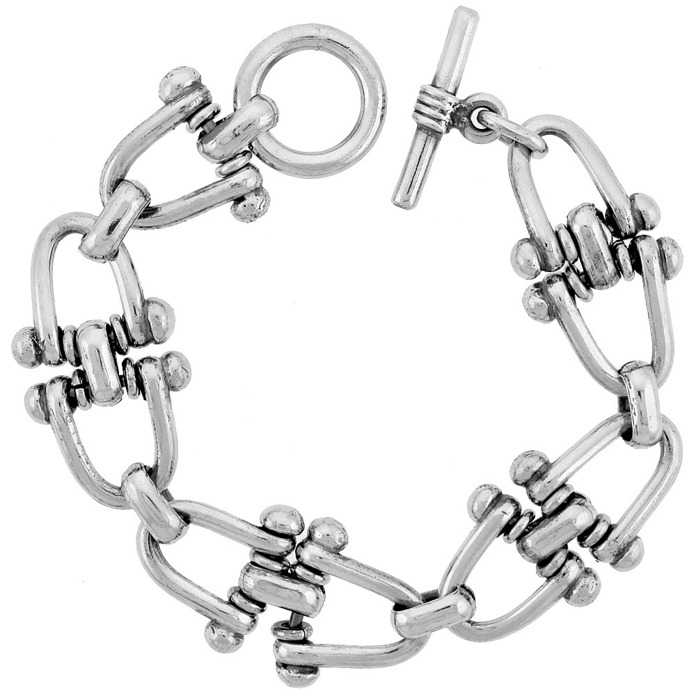 Sterling Silver Stirrups Link Bracelet with Toggle Clasp - Handmade 7/8 Inch Wide - Sizes 8, 8.5 & 9 Inch - Perfect for Everyday Wear, Gifts & Special Occasions
