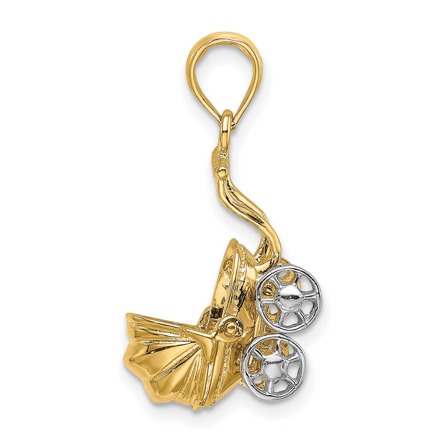 14k Yellow Two-Tone Gold 3D Baby Stroller Charm with Moveable Wheels - 17mm x 9mm - Perfect for Baby Shower Gifts, Jewelry Making & Keepsake Charms