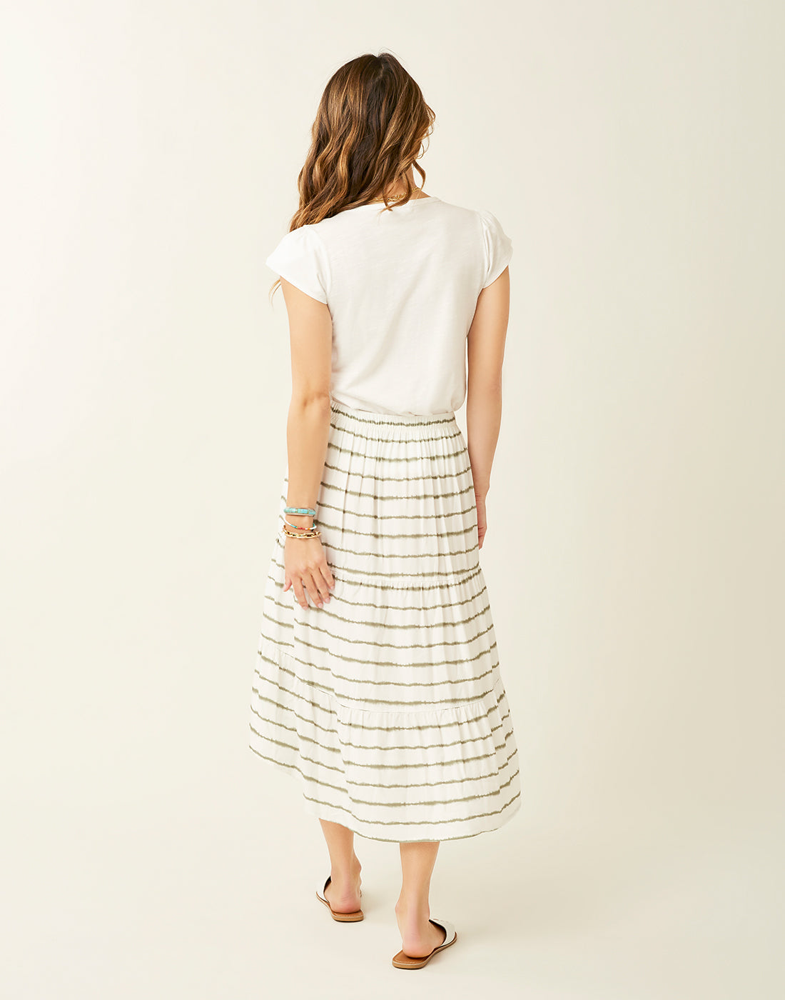 Grace Skirt: Olive Tie Dye Stripe Midi Skirt for Women - Boho Summer Beach Dress with Elastic Waist | Perfect for Vacations, Music Festivals & Casual Outings