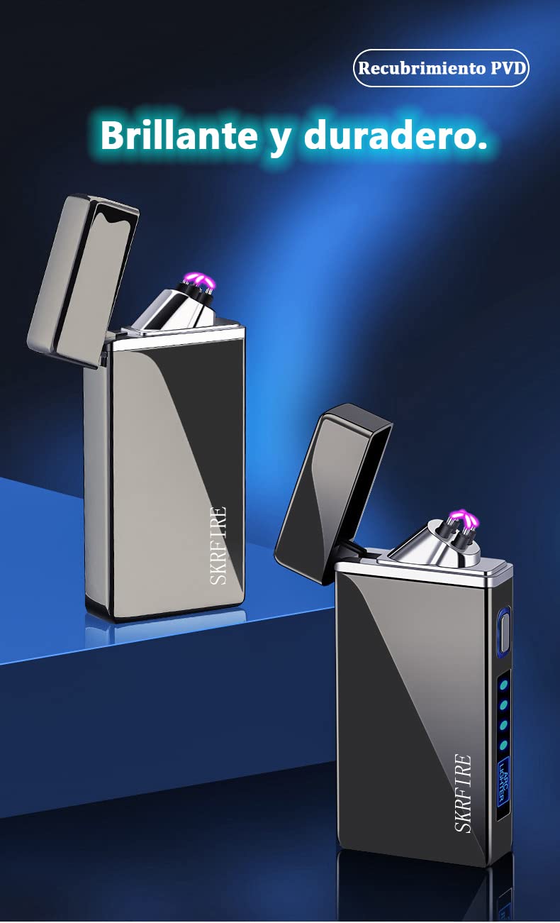 SKRFIRE Windproof Dual Arc Electric Lighter - Rechargeable USB Flameless Plasma Lighter with PVD Coating & Battery Indicator for Camping, Hiking, BBQ and Outdoor Use (Icy Silver)