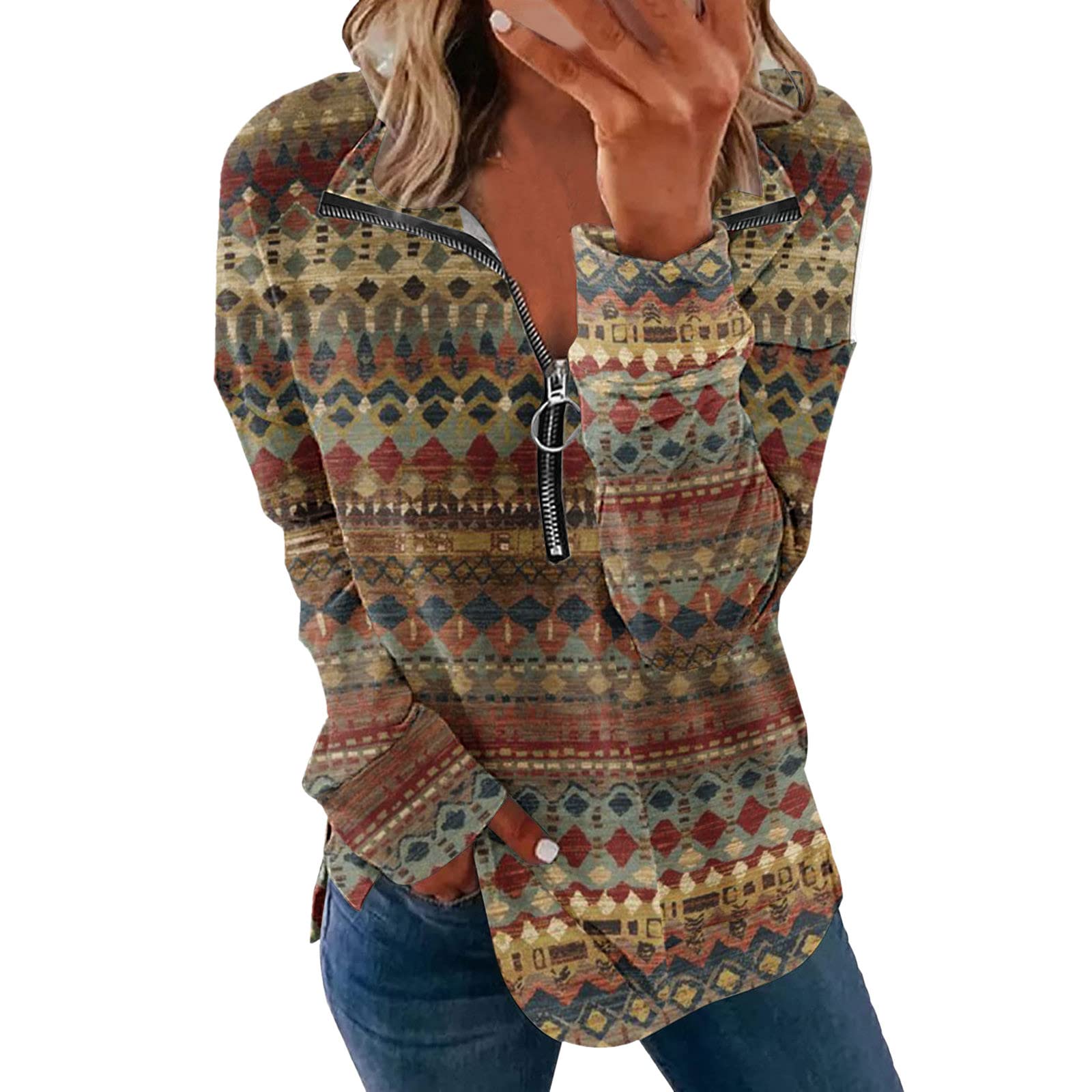 Women's Casual Pullover Hoodies - Fashion Print Lapel Half-Zipper Loose Blouse for Fall | Cozy Loungewear, Streetwear & Autumn Layering Outfits