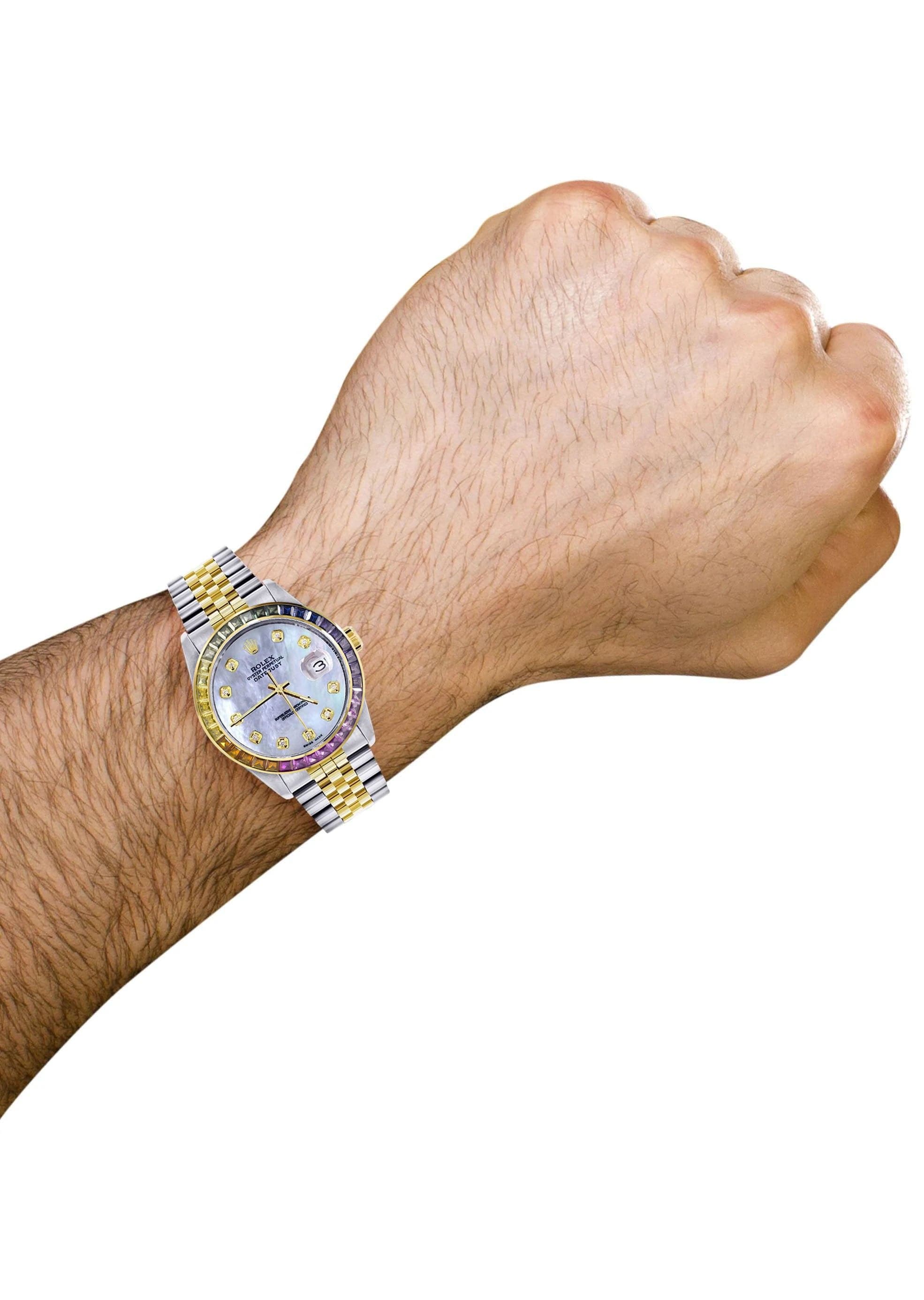 Luxury Diamond Gold Rolex Watch For Men 16233 | 36mm Stainless Steel | Rainbow Sapphire Bezel | Mother of Pearl Dial | Jubilee Bracelet | Perfect for Business, Gifts & Special Occasions