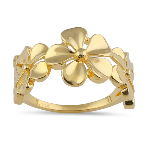 14K Solid Gold Triple Plumeria Flower Ring for Women - Elegant Hawaiian Style Jewelry for Beach Weddings, Vacation & Everyday Wear