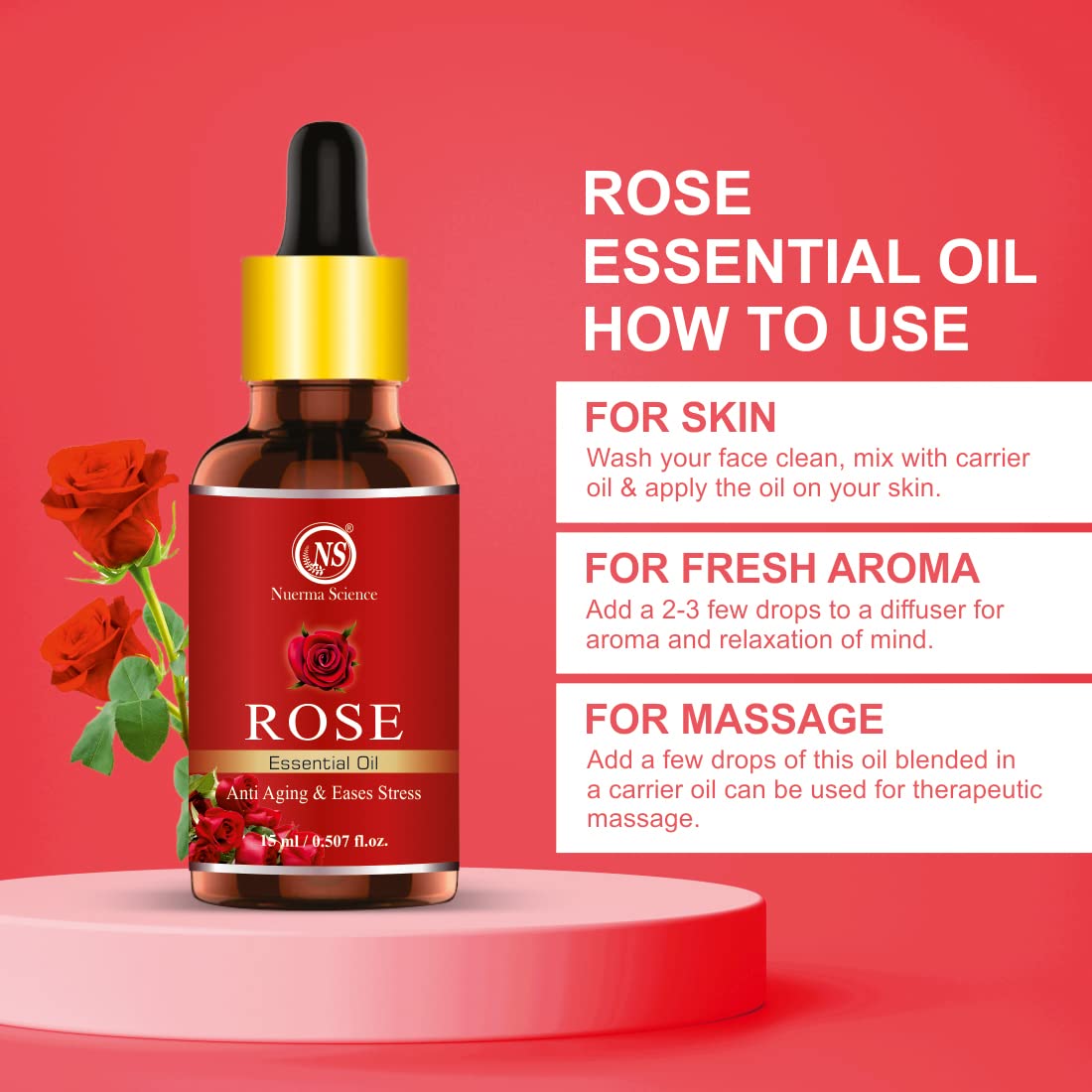 Nuerma Science 100% Pure Rose Essential Oil - 15ml for Stress Relief, Skin Care & Aromatherapy | Perfect for Massage, Diffusers & DIY Beauty Products