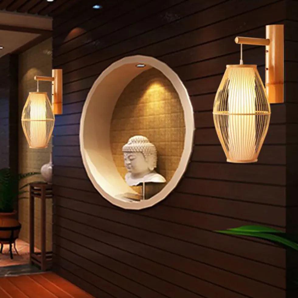 Rustic Wicker Wall Light Lantern - Handwoven Wooden Outdoor Sconce for Patio, Garden, Porch & Backyard Decor | Waterproof & Weather Resistant