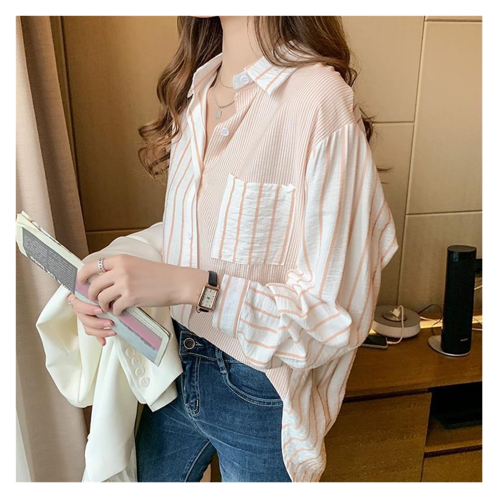 Women's Long Sleeve Striped Patchwork Blouse - Cotton Linen Casual Top with Turndown Collar | Office Wear, Date Night & Everyday Outfits (Color A, Size L)