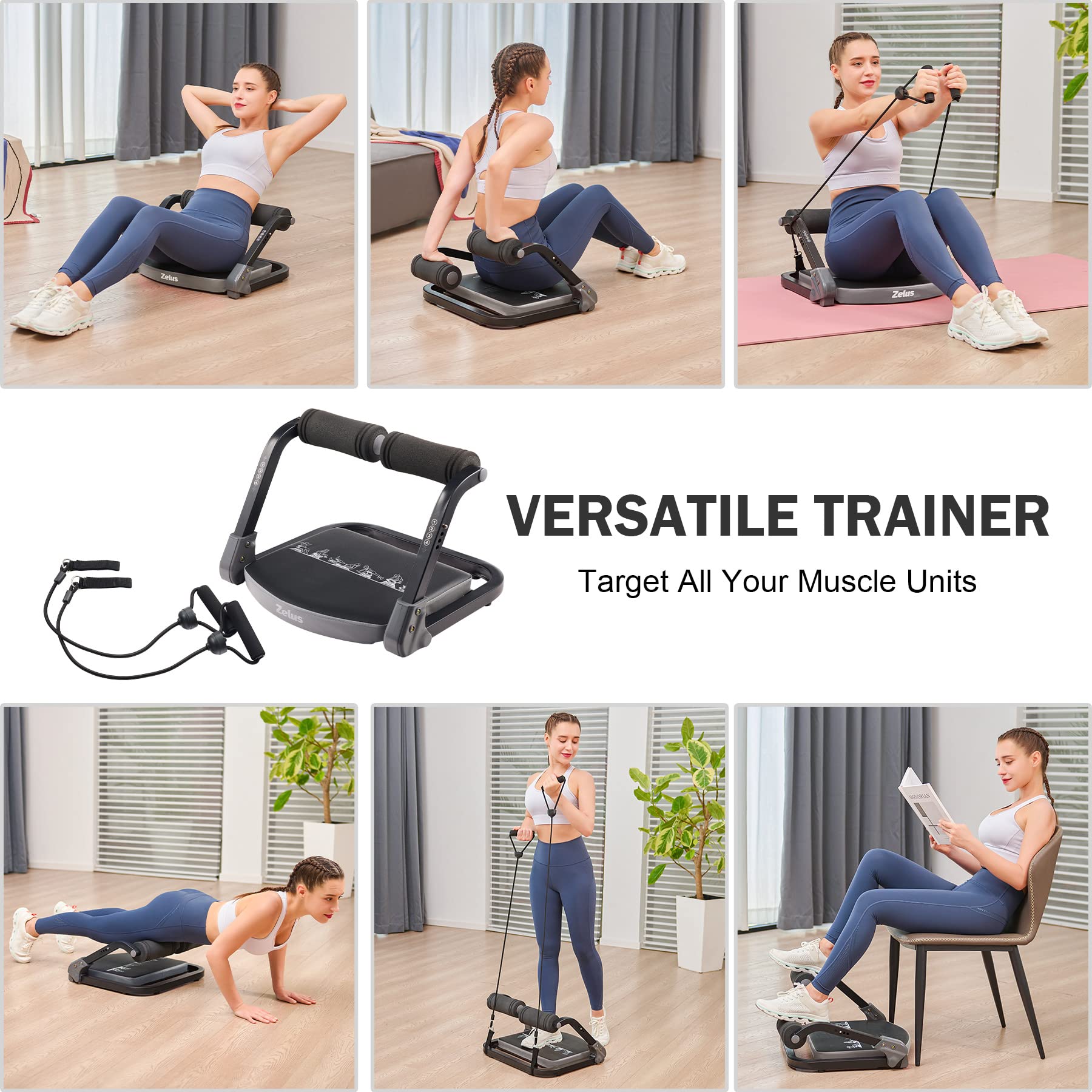 ZELUS 2-in-1 Ab Machine with Resistance Bands - Adjustable 4-Level Intensity Core Trainer for Home Gym | Full Body Workout Equipment with Rebound Assist | Perfect for Home Fitness, Strength Training & Toning Exercises