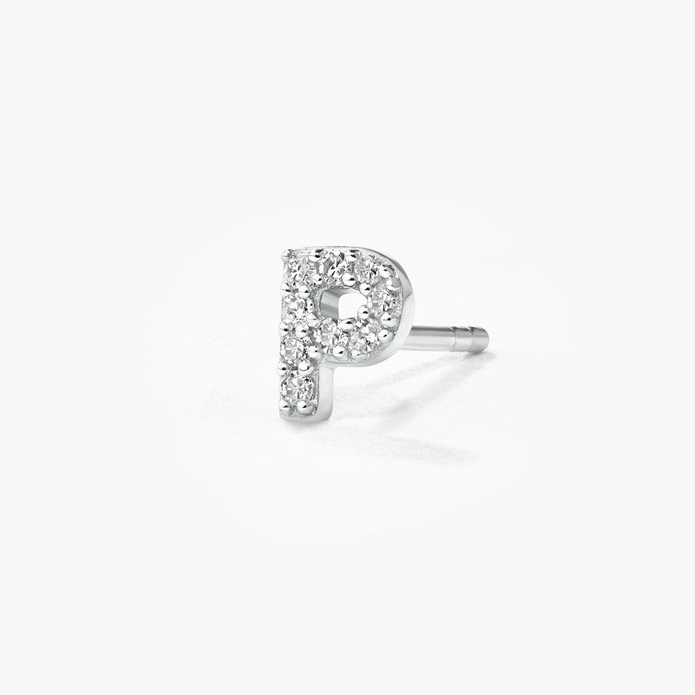 Diamond Letter P Single Stud Earring in Sterling Silver - Perfect for Gifts, Birthdays & Personalized Jewelry
