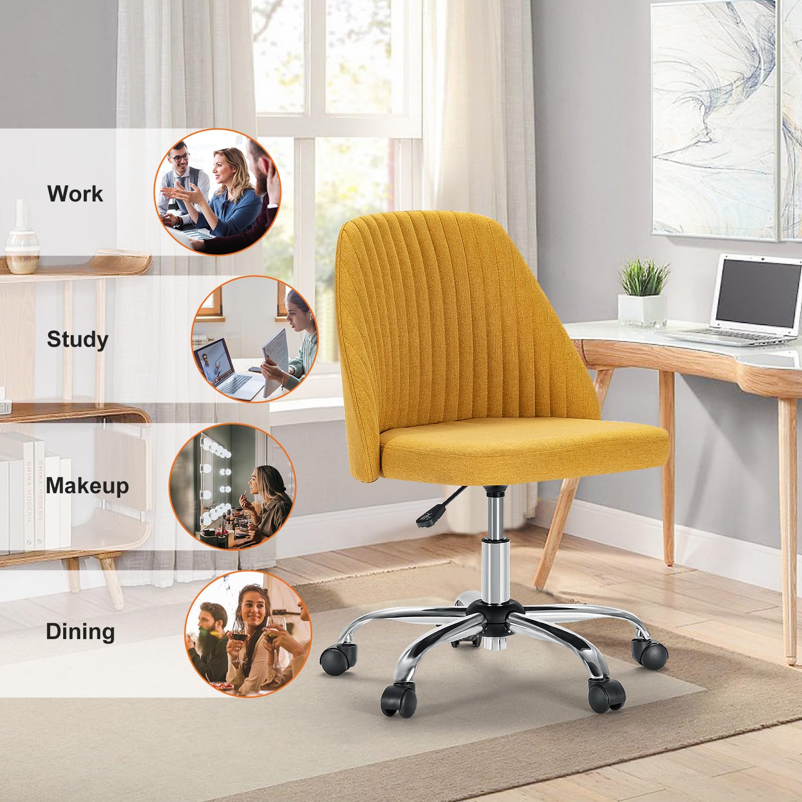 Sweetcrispy Armless Office Chair - Modern Fabric Swivel Desk Chair with Wheels & Adjustable Height, Ergonomic Computer Task Chair for Home Office, Small Spaces | Perfect for Workstations, Gaming & Vanity Areas