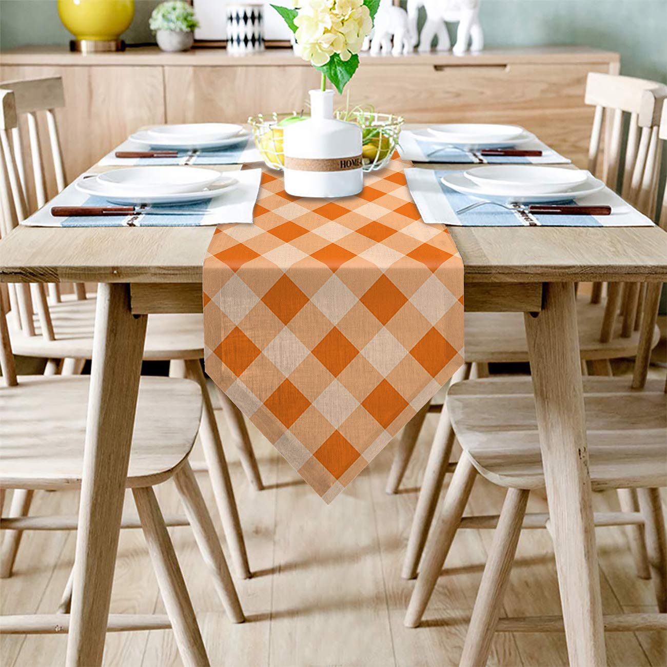 108-Inch Cotton & Linen Triangle Table Runner - Orange Checkered Table Scarf for Weddings, Graduations & Banquets (13x108 Inch) | Perfect for Dining Tables, Buffets & Event Decor