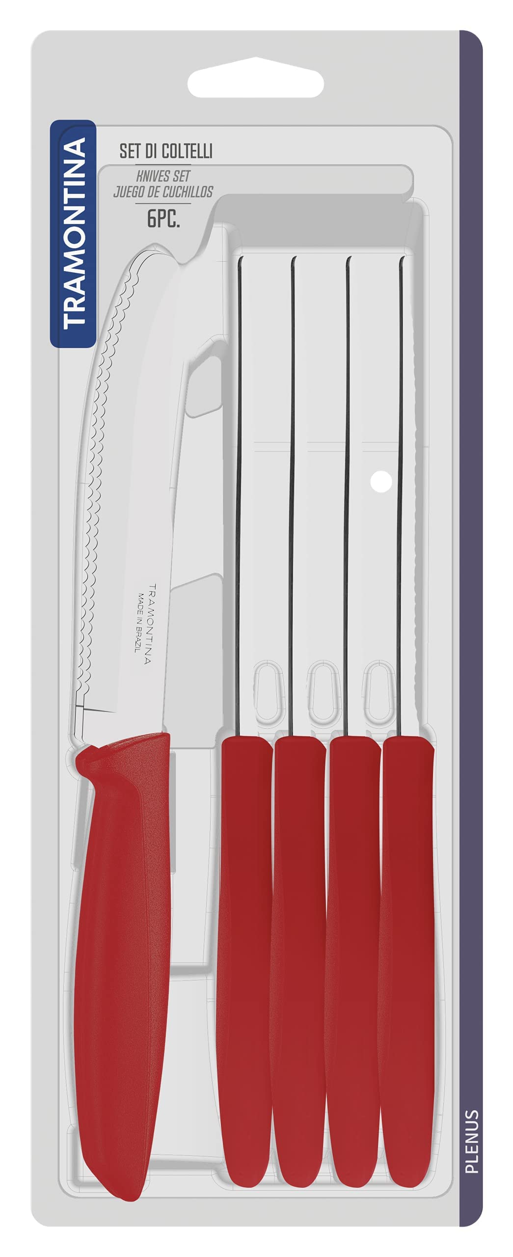 Tramontina 6-Piece Kitchen Knife Set - Stainless Steel Serrated Fruit & Tomato Knife, Vegetable Chopper & Peeler with Rounded Tip (Red) - Perfect for Cooking, Slicing Fruits & Meal Prep