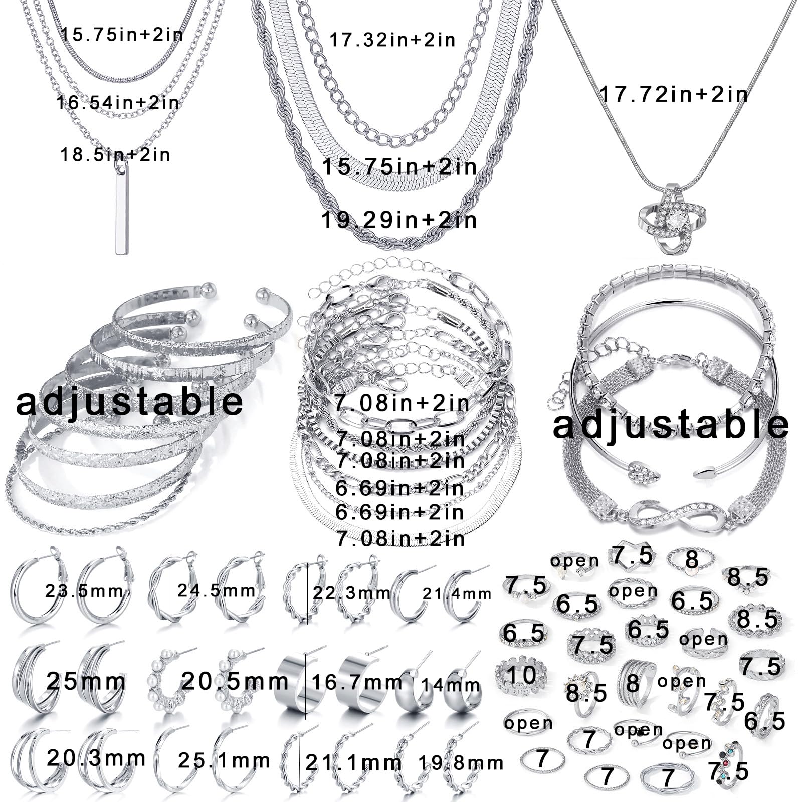 IFKM 36-Piece Silver Plated Jewelry Set for Women - 3 Necklaces, 12 Bracelets, 7 Ear Cuffs, 14 Knuckle Rings - Valentine's Day, Anniversary, Birthday Gift for Her - Perfect for Parties, Date Nights & Special Occasions