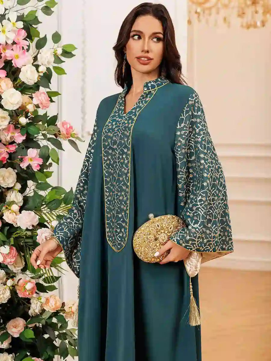 Elegant Eid Embroidery Tassel Caftan Dress for Women - Flowy Long Kaftan with Intricate Designs #25438 | Perfect for Eid Celebrations, Weddings & Special Occasions