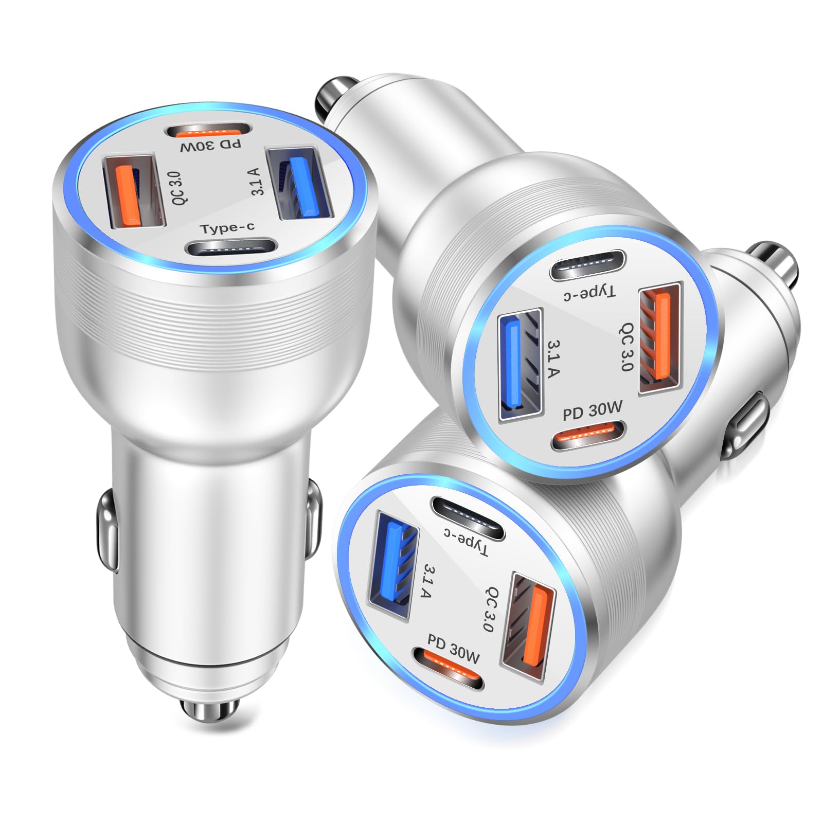 65W USB C Car Charger 3-Pack - Dual Port 12V Fast Charger with QC/PD 3.0 - Compatible with iPhone 16/15/14/13/12/11 Pro Max, iPad & Google Devices (Silver) - Perfect for Road Trips, Commuting & Multi-Device Charging On-The-Go