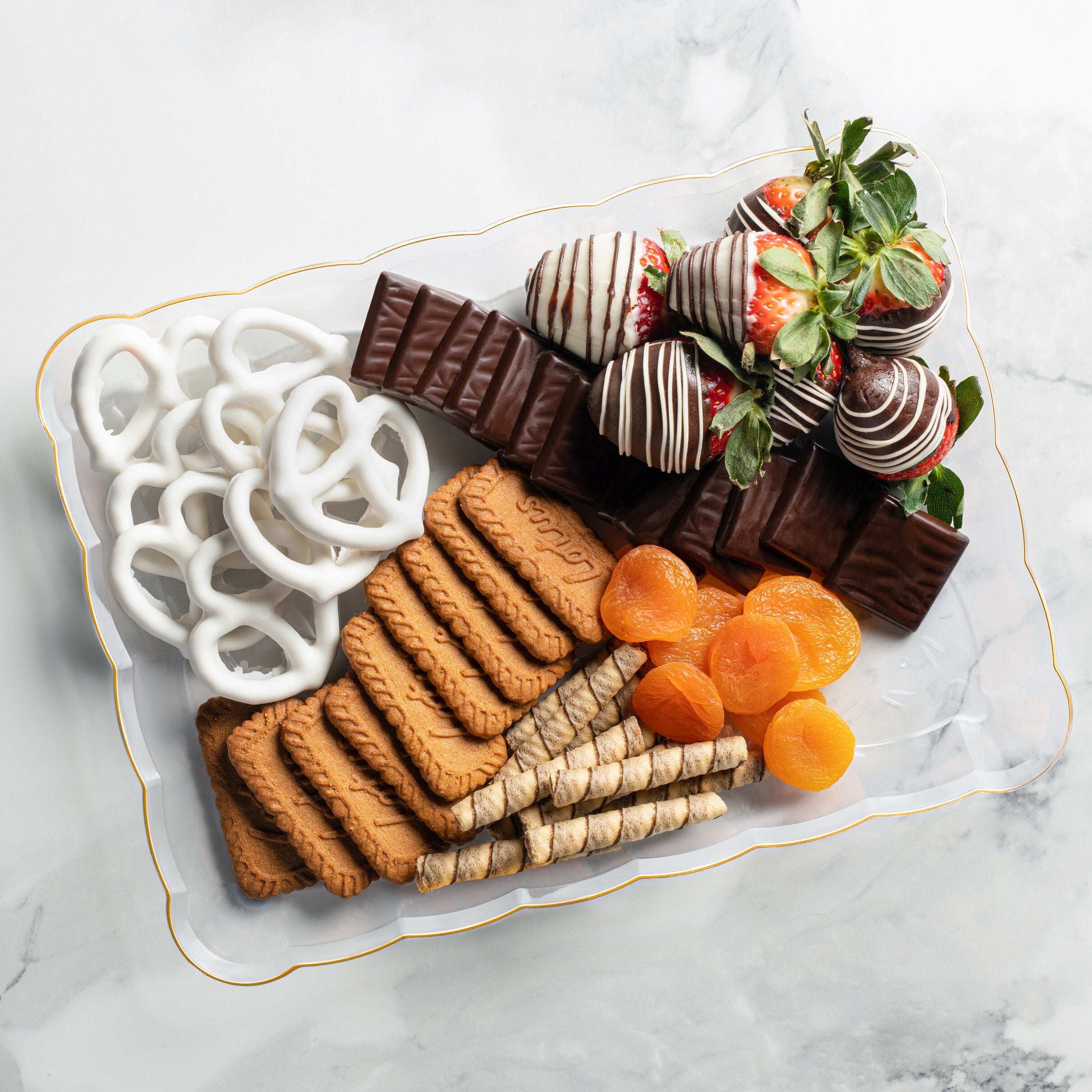 Scalloped Clear and Gold Rectangular Serving Tray Set of 4 - Elegant Party Platter for Appetizers, Desserts, and Entertaining - Perfect for Weddings, Brunches, and Holiday Gatherings