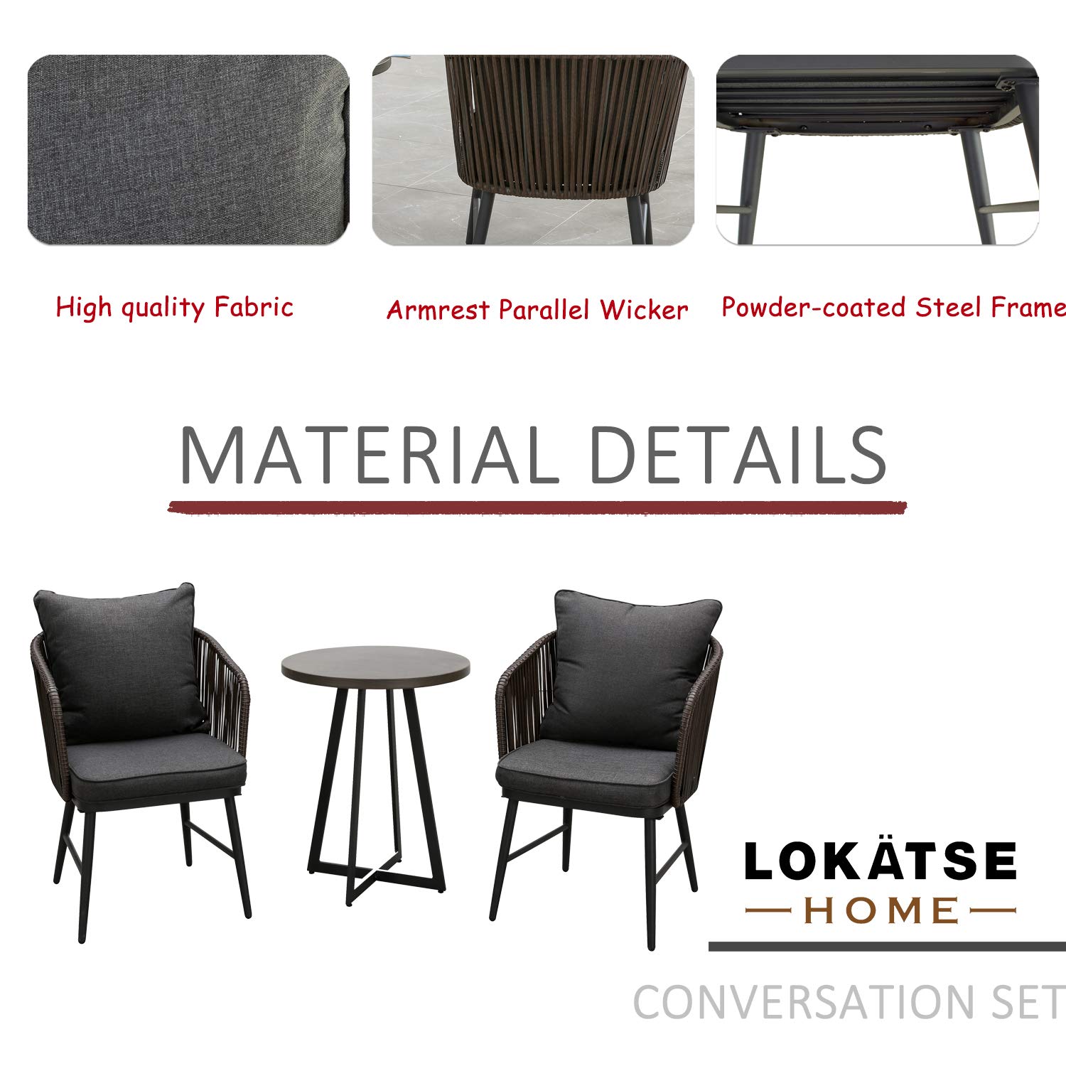 LOKATSE HOME 3-Piece Outdoor Bistro Set - Modern Wicker Patio Furniture with 2 Chairs (Includes Seat & Back Cushions) & 1 Black Coffee Table - Perfect for Balcony, Garden, Deck or Poolside Relaxation