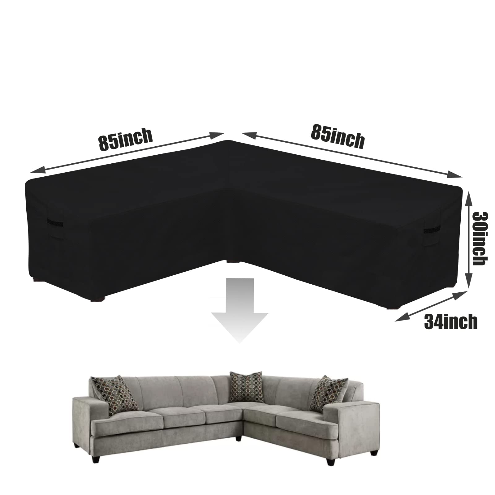 Waterproof Outdoor Furniture Covers for Patio Sectional Couch - V-Shaped Black Protector (85x34x30H Inches) - Perfect for Backyard, Garden & Poolside Furniture Protection