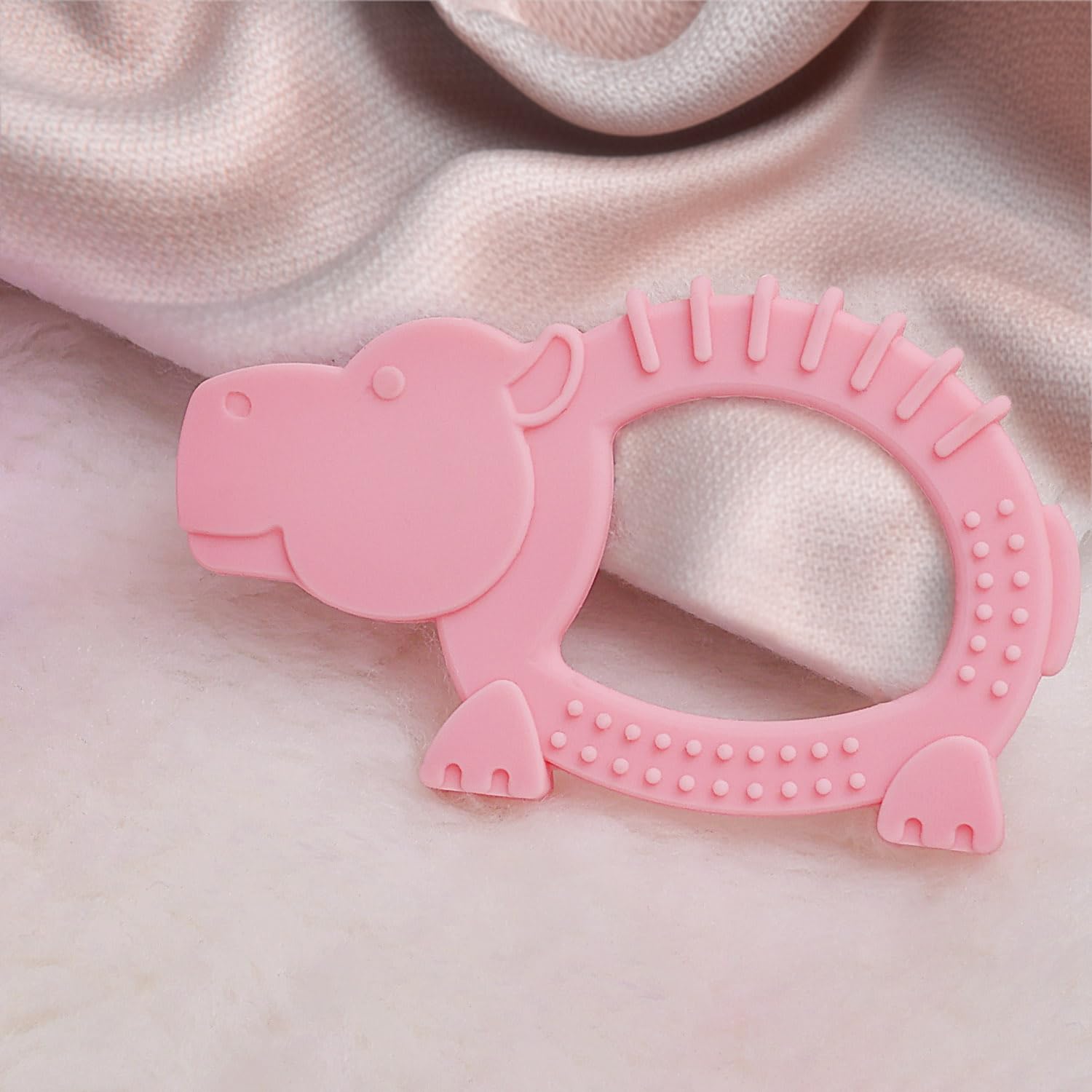 R for Rabbit Tiny Bites Safari Soft Silicone Teether - BPA Free Baby Teething Toy for 4+ Months - Soothing Multiple Textures & Soft Edges (Hippo Pink) - Perfect for Home, Travel & Daycare Use