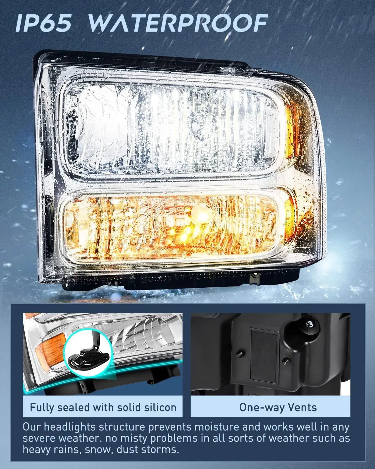 2005-2007 Ford F250 F350 F450 F550 Replacement Headlight Assembly - Chrome Housing with Amber Reflector - Perfect for Off-Roading, Night Driving & Truck Restoration Projects