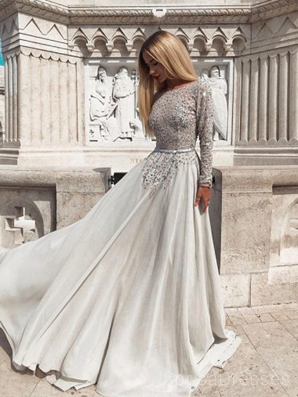 Elegant Long Sleeve Backless Grey Lace Beaded Prom Dress for Evening & Sweet 16 Parties - Custom Sizing Available | Perfect for Homecoming, Formal Events & Special Occasions