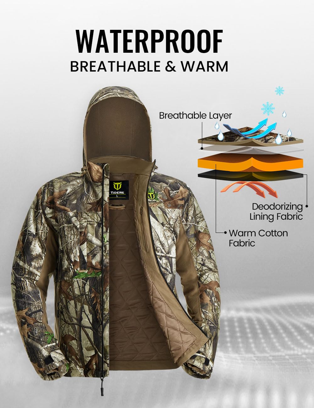 TIDEWE Men's Waterproof Hunting Jacket with Face Mask - Silent Adjustable Bibs & Safety Strap - Ideal for Deer Hunting, Duck Hunting & Outdoor Adventures