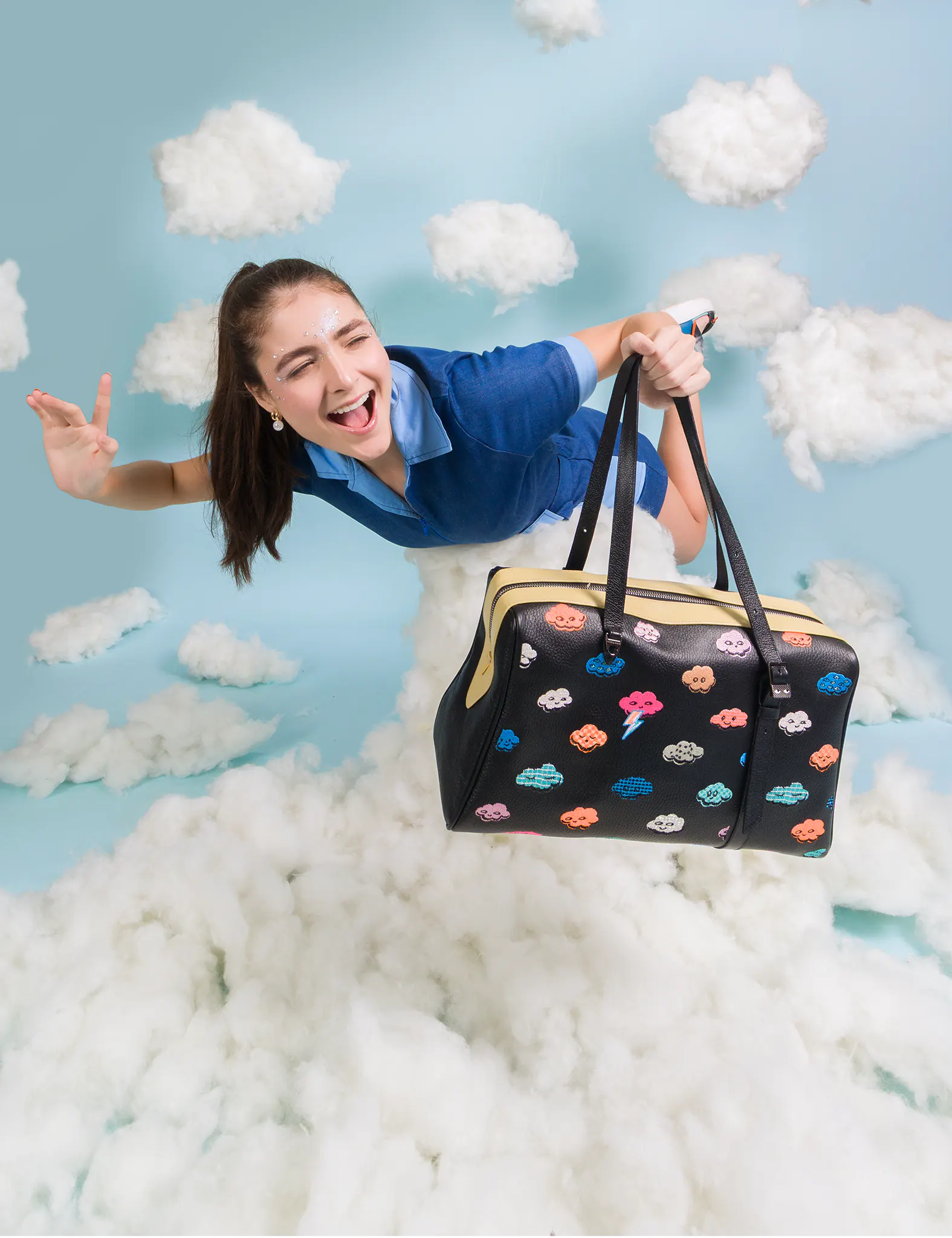 Esther Large Black Duffle Bag with Happy Clouds Design - Spacious Travel Duffel for Gym, Weekend Trips & Outdoor Adventures