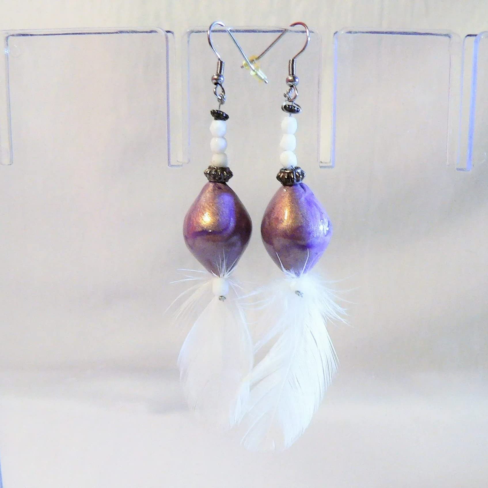 Elegant Ceramic & Feather Earrings for Women - White & Purple Dangle Earrings | Boho Chic Jewelry for Parties, Weddings & Everyday Wear