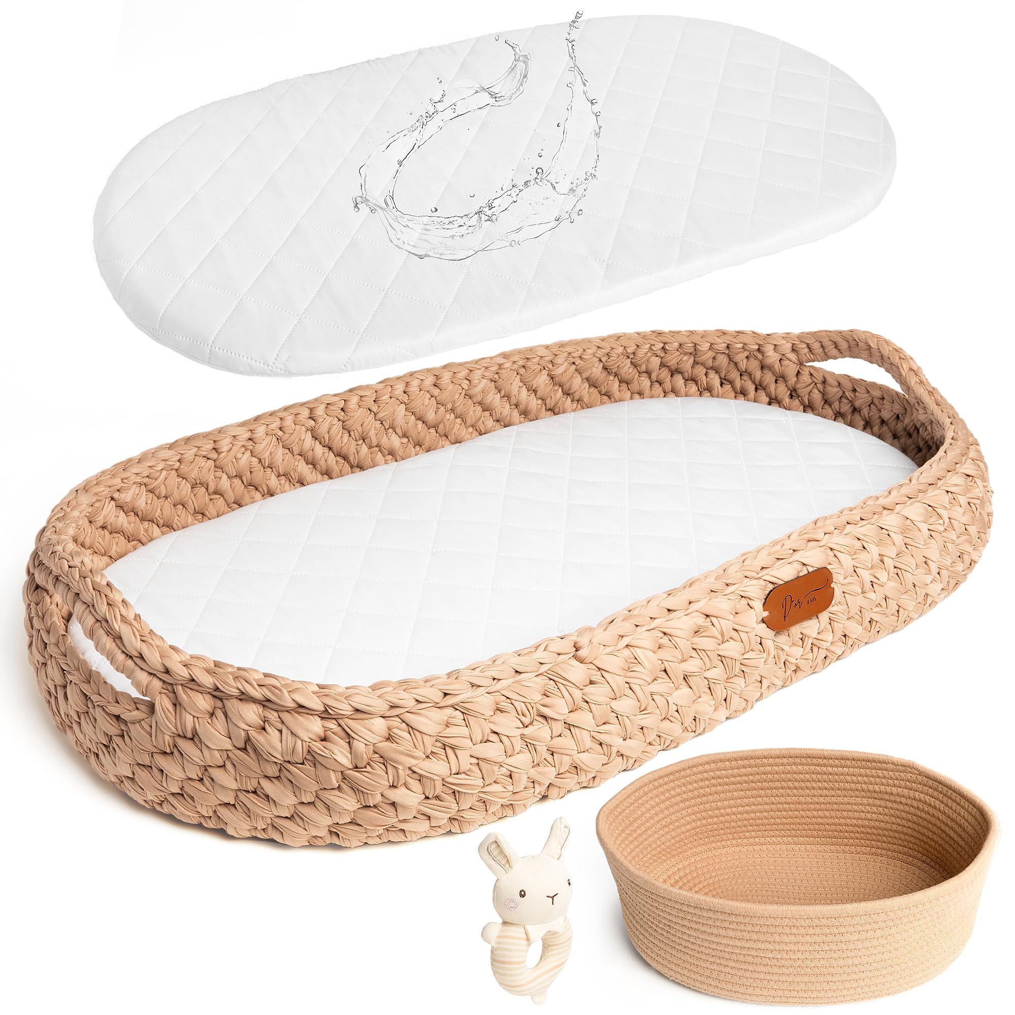 Handmade Baby Changing Basket Set with Soft Changing Pad, Waterproof Cover, Diaper Organizer & Rattle Toy - Boho Crochet Moses Bassinet for Nursery, Dresser Topper | Perfect for Newborn Care, Baby Shower Gifts & Nursery Decor