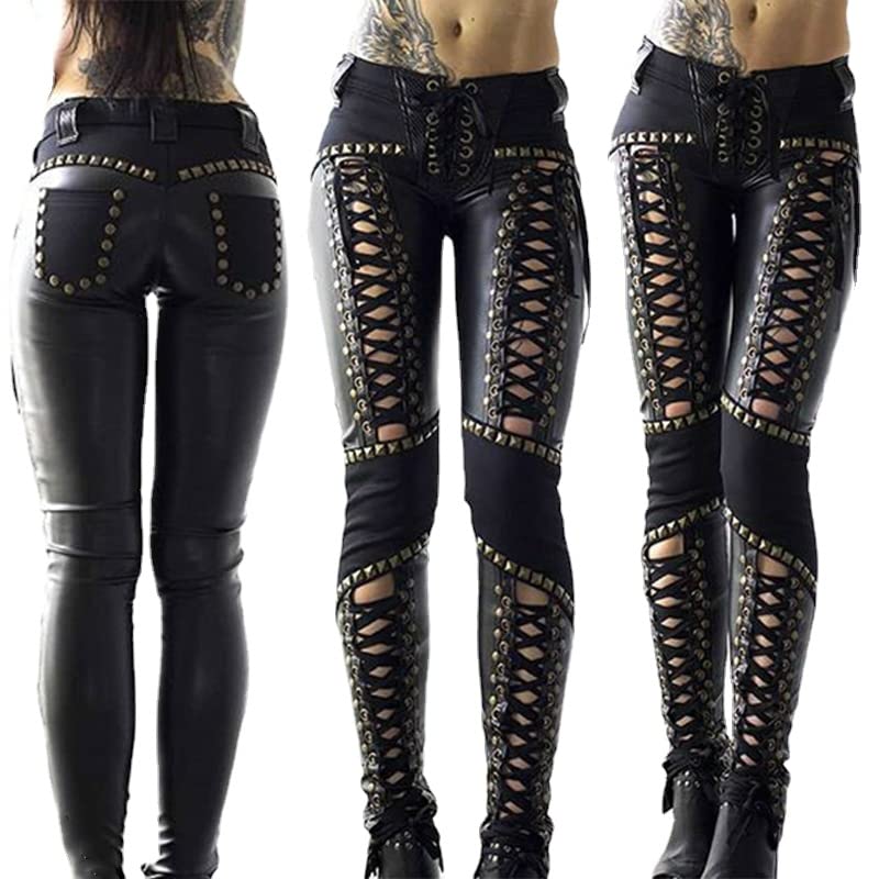 Gothic Y2K Bandage Faux Leather Pants for Women - Sexy Tight Hollow Out PU Skinny Trousers | Punk Rock Fashion, Clubwear & Night Out Outfits