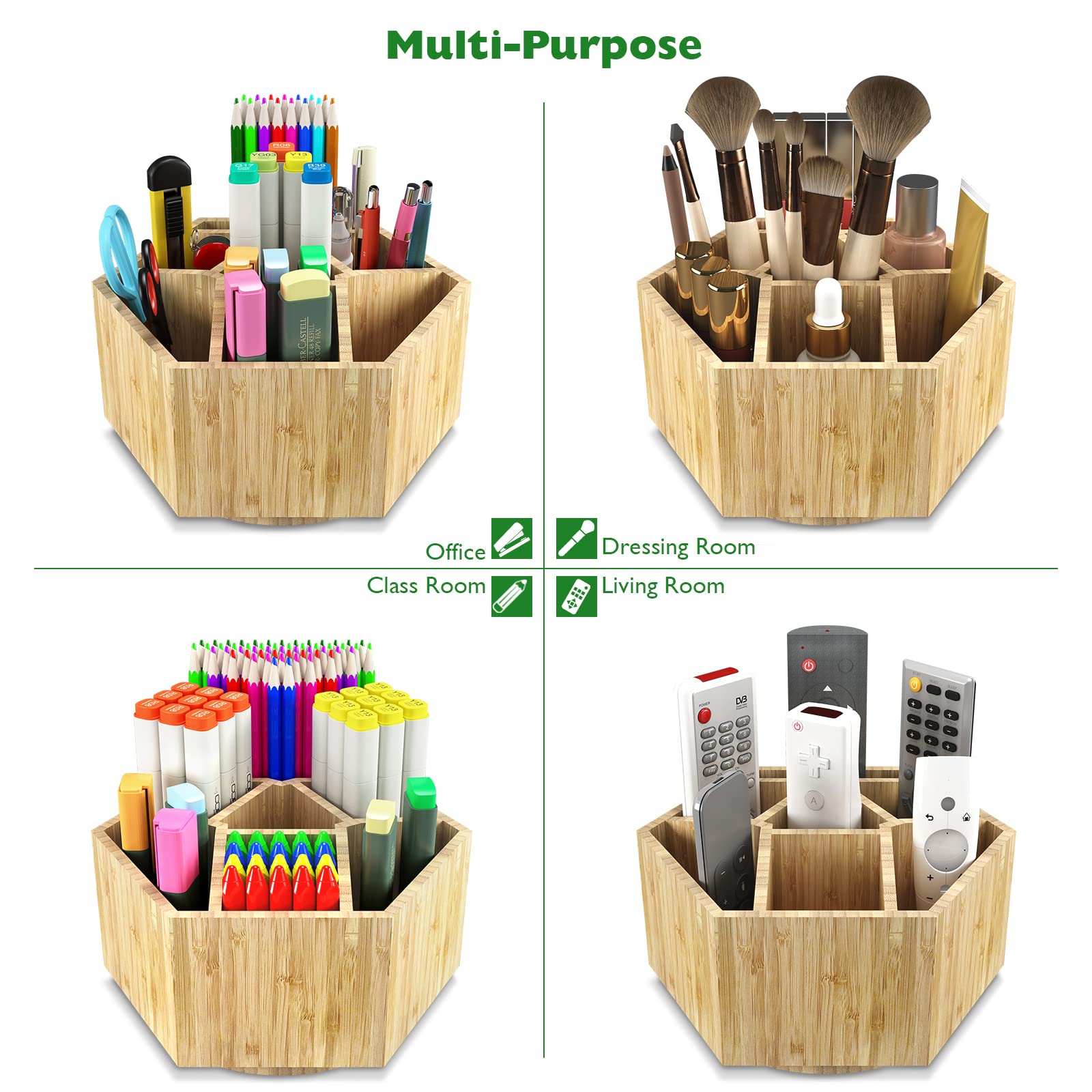 Bamboo Rotating Hexagon and Round Art Supply Organizer - 7 Compartment Desktop Storage Box for Pens, Colored Pencils, Art Brushes | Perfect for School, Office, Art Studio & Craft Room Organization