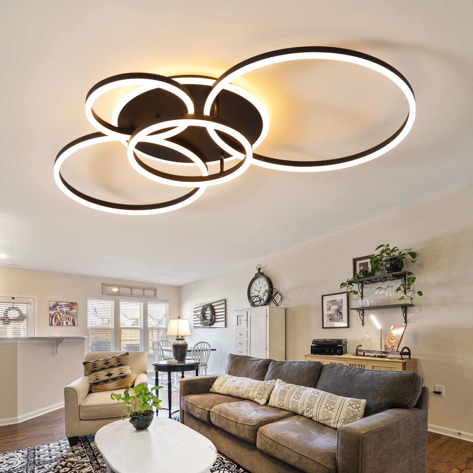 Modern 90W Dimmable LED Ceiling Light Fixture with Remote Control - 5 Ring Flush Mount Black Acrylic Chandelier for Living Room, Bedroom, Kitchen Lighting - Perfect for Home Decor & Ambient Lighting (4+1B01)