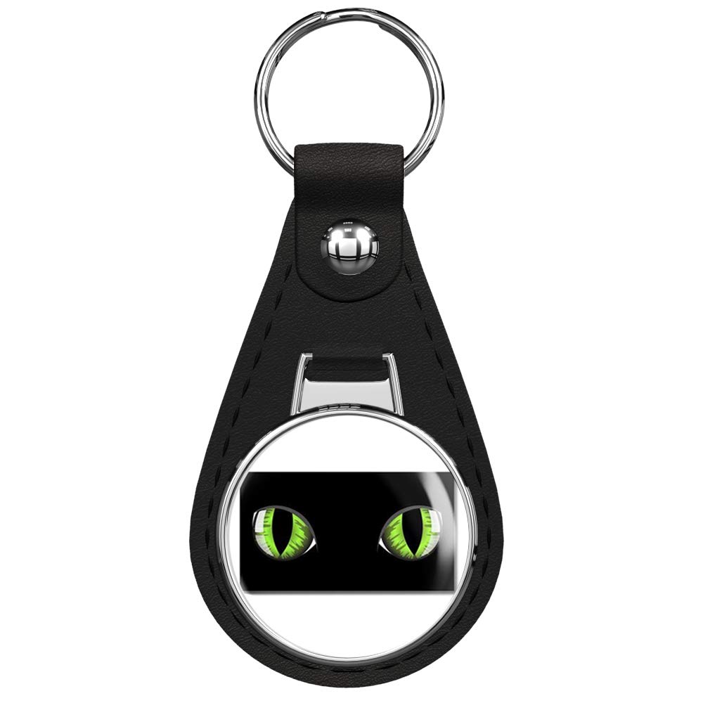 Stylish Black Leather Keychain with Green Eyes & Silver Keyring - Perfect for Keys, Bags & Gifts | Durable & Fashionable Accessory