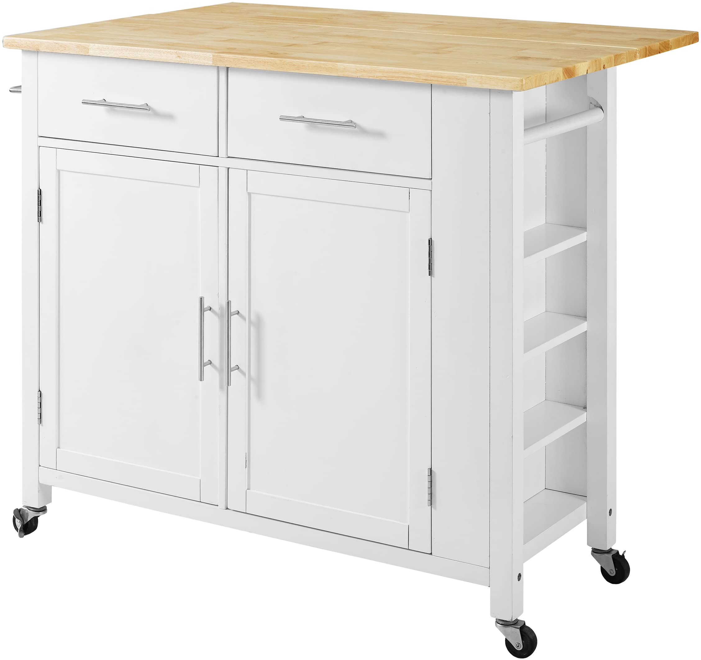 Crosley Savannah White Wood Top Drop Leaf Rolling Kitchen Island Cart with Spice Rack & Shelves - Perfect for Small Kitchens, Dining Rooms & Entertaining Spaces