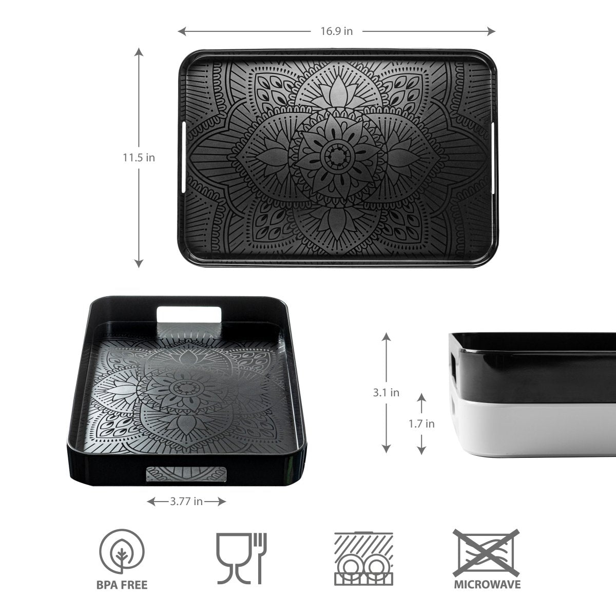La La Mandala Black Melamine Gallery Tray 11.5 x 16 Inches - Elegant Serving Tray for Home Decor, Dining, and Entertaining