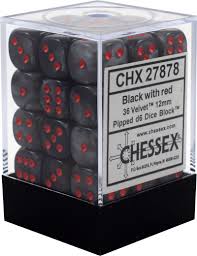 Chessex 36-Pack 12mm Black with Red Velvet Pipped D6 Dice Set - Perfect for Dungeons & Dragons, Board Games, and Tabletop RPGs