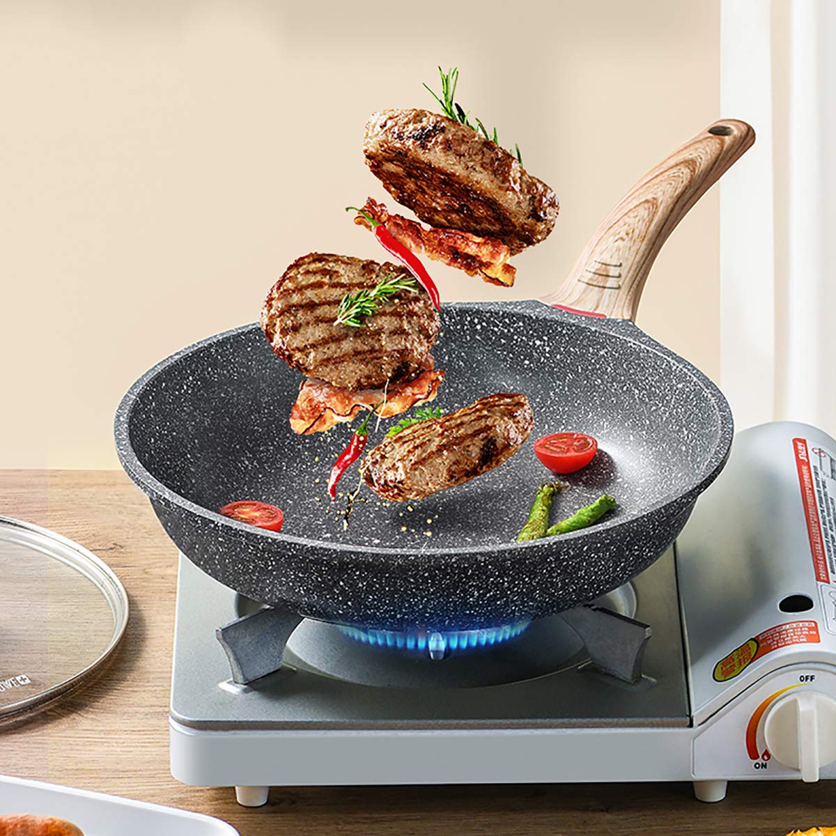 Eco-Friendly Non-Stick Stone Coated Aluminum Alloy Frying Pan with Tempered Glass Lid & Ergonomic Handle - Perfect for Healthy Cooking, Sauteing, Frying & Everyday Family Meals