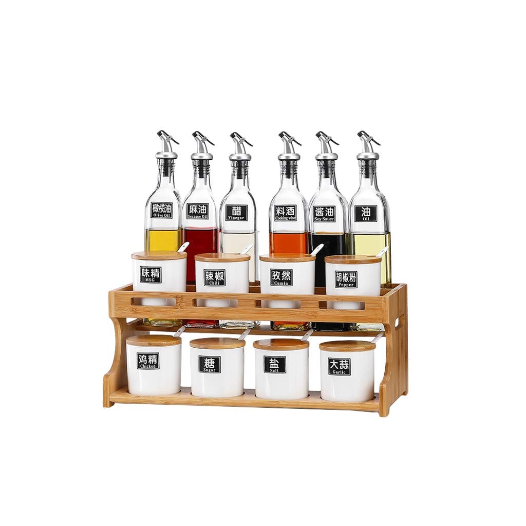 HUUBS 15-Piece Ceramic Spice Rack Set - Countertop Oil, Salt, Sauce & Vinegar Storage Organizer - Glass Cruet Bottles for Kitchen Pantry Organization - Perfect for Home Cooking, Baking & Meal Prep